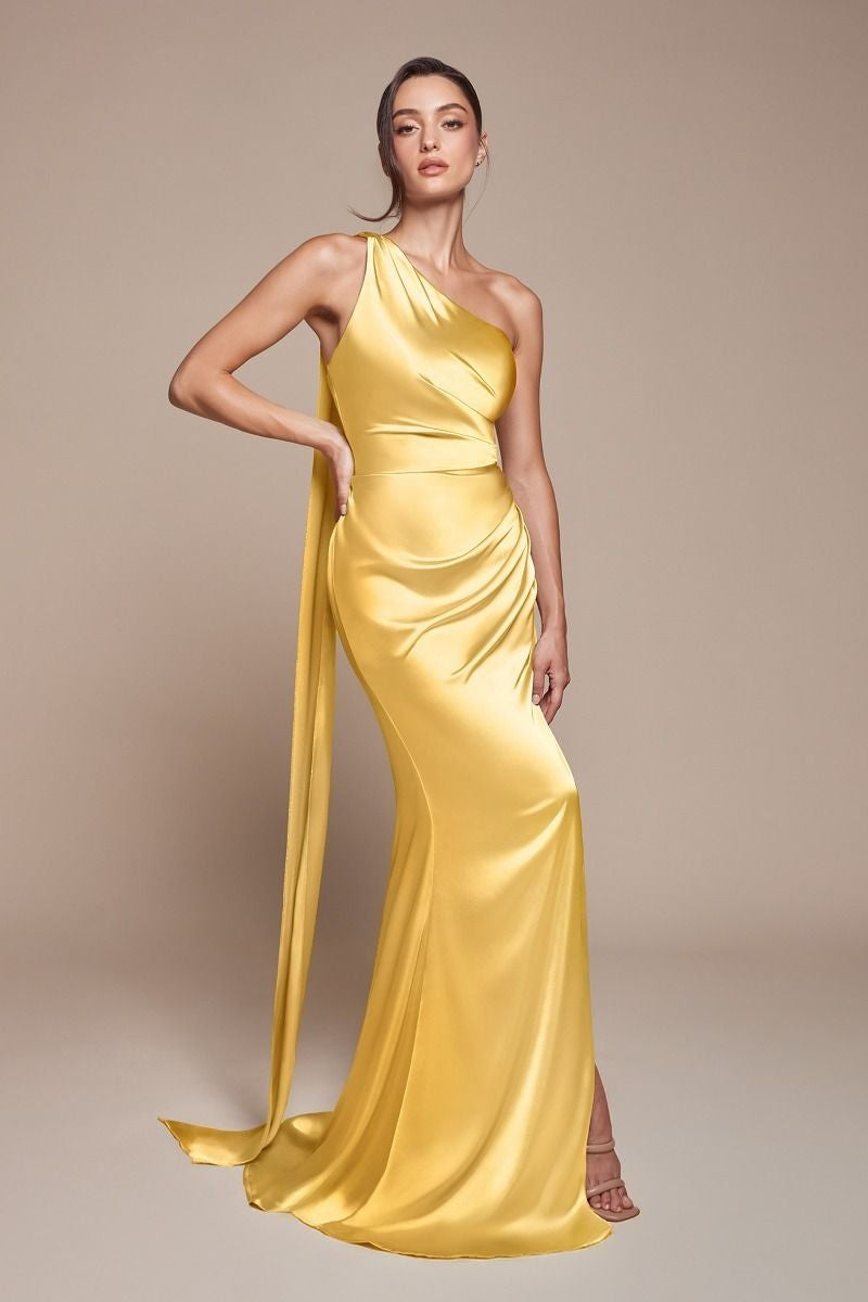 Grace Bright Yellow Satin One Shoulder Side Slit Formal