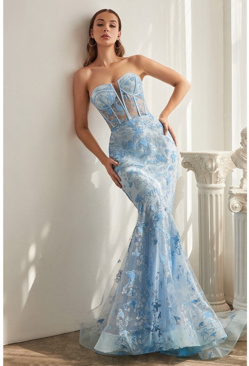 Ava Light Blue Strapless Butterfly Print Mermaid Formal