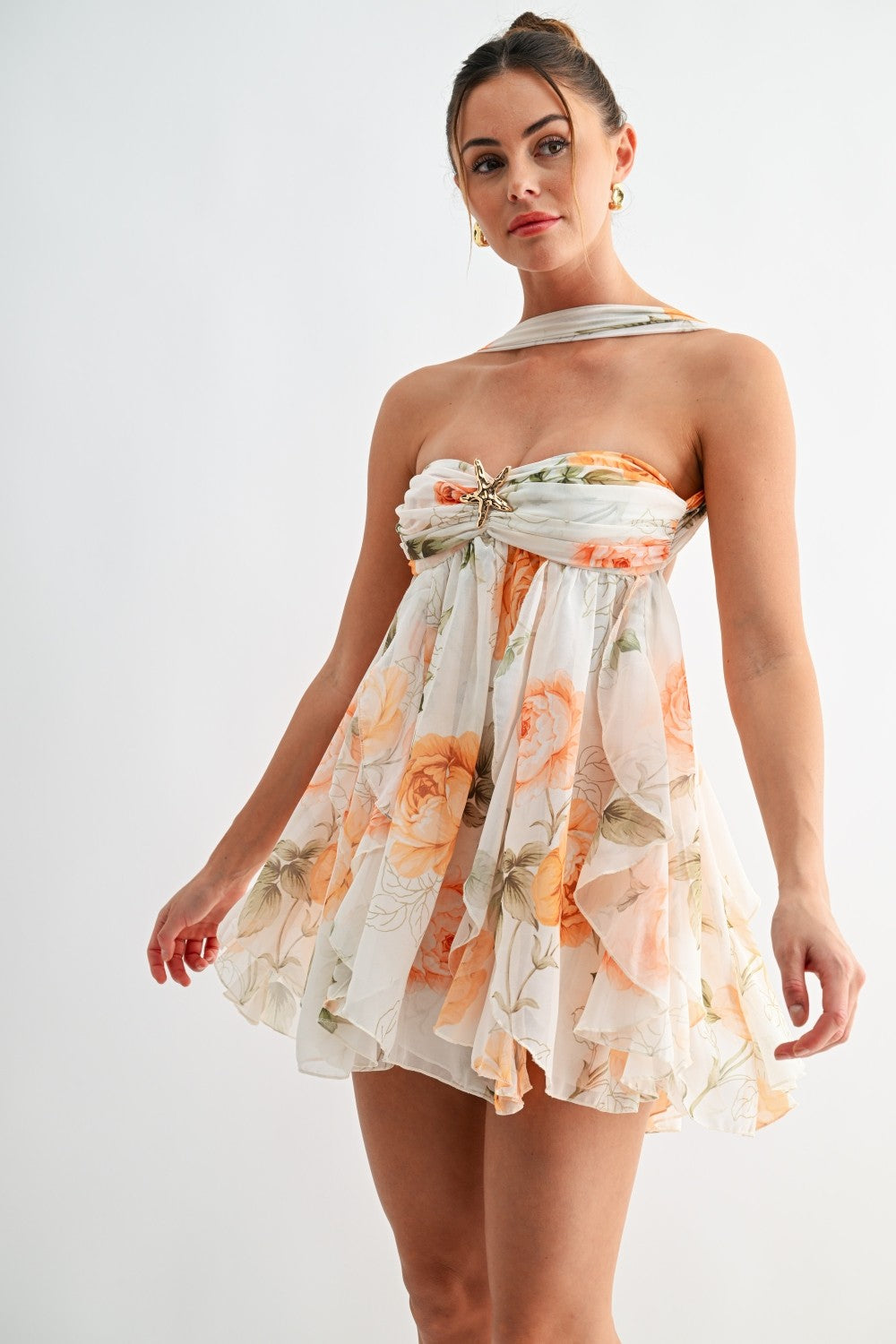 Summer Ivory Floral Babydoll Mini Dress With Starfish Brooch
