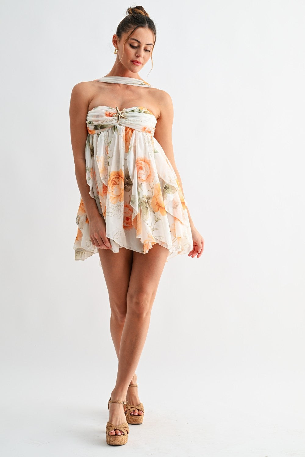 Summer Ivory Floral Babydoll Mini Dress With Starfish Brooch