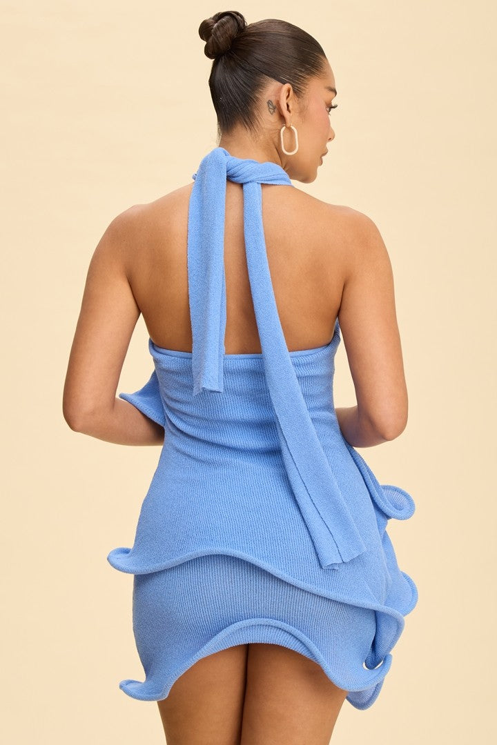 Lone blue knit ruffle halter mini dress
