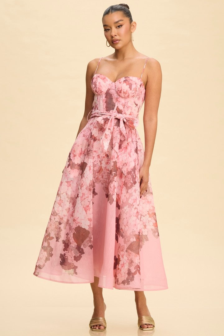 Lyra Pink floral print belted midi dress