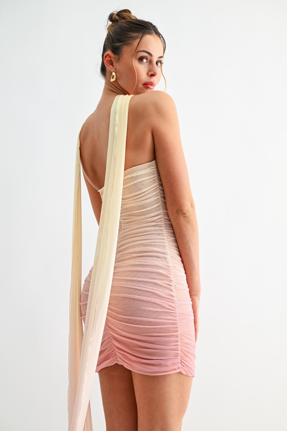 Yellow/Pink Ombre Mesh Mini Dress With Neck Sash