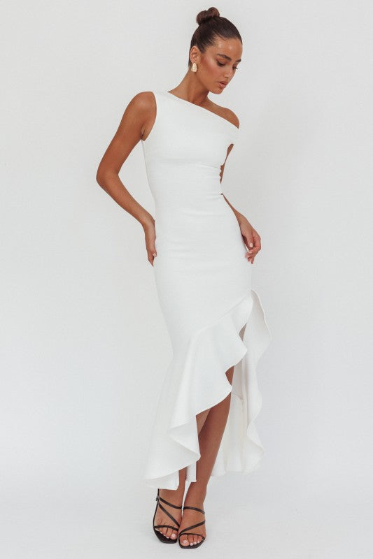 Claire white boat neck off shoulder bodycon maxi with ruffle slit