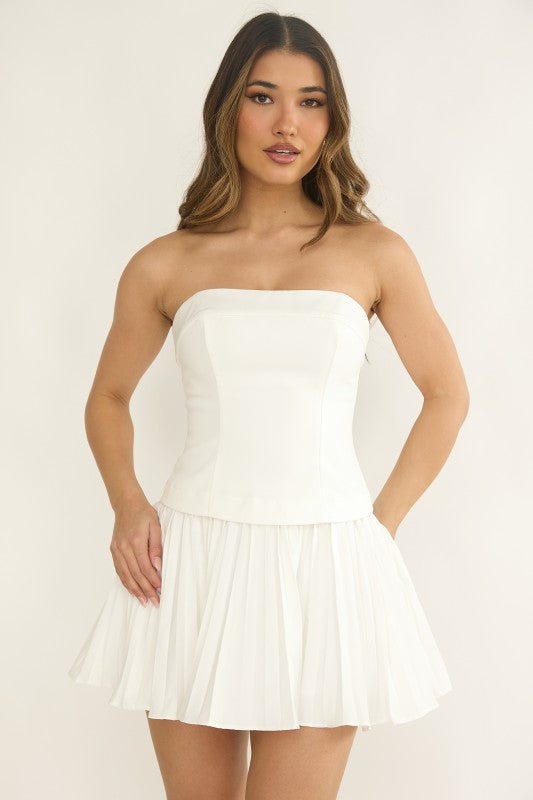 Yandy white strapless mini with pleated skirt