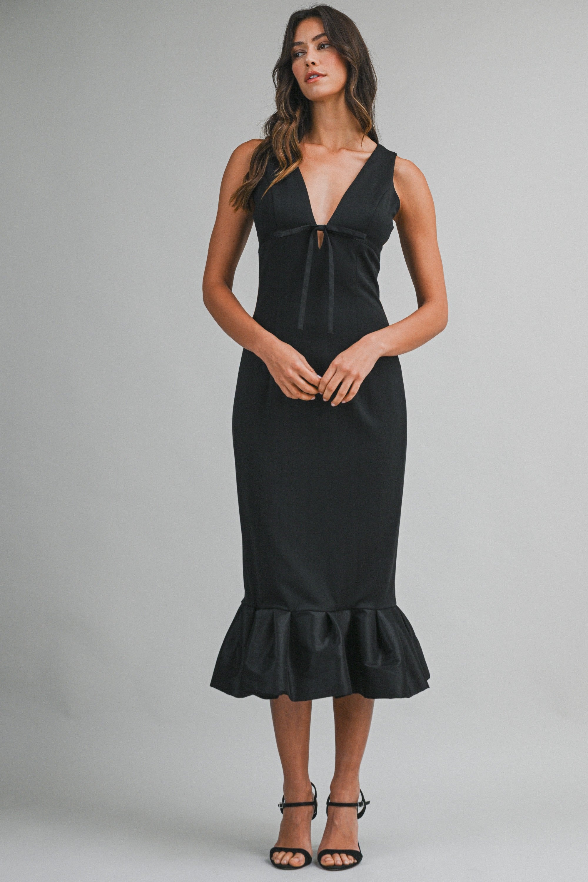 Lynn black plunge neckline midi dress with ruffle hem