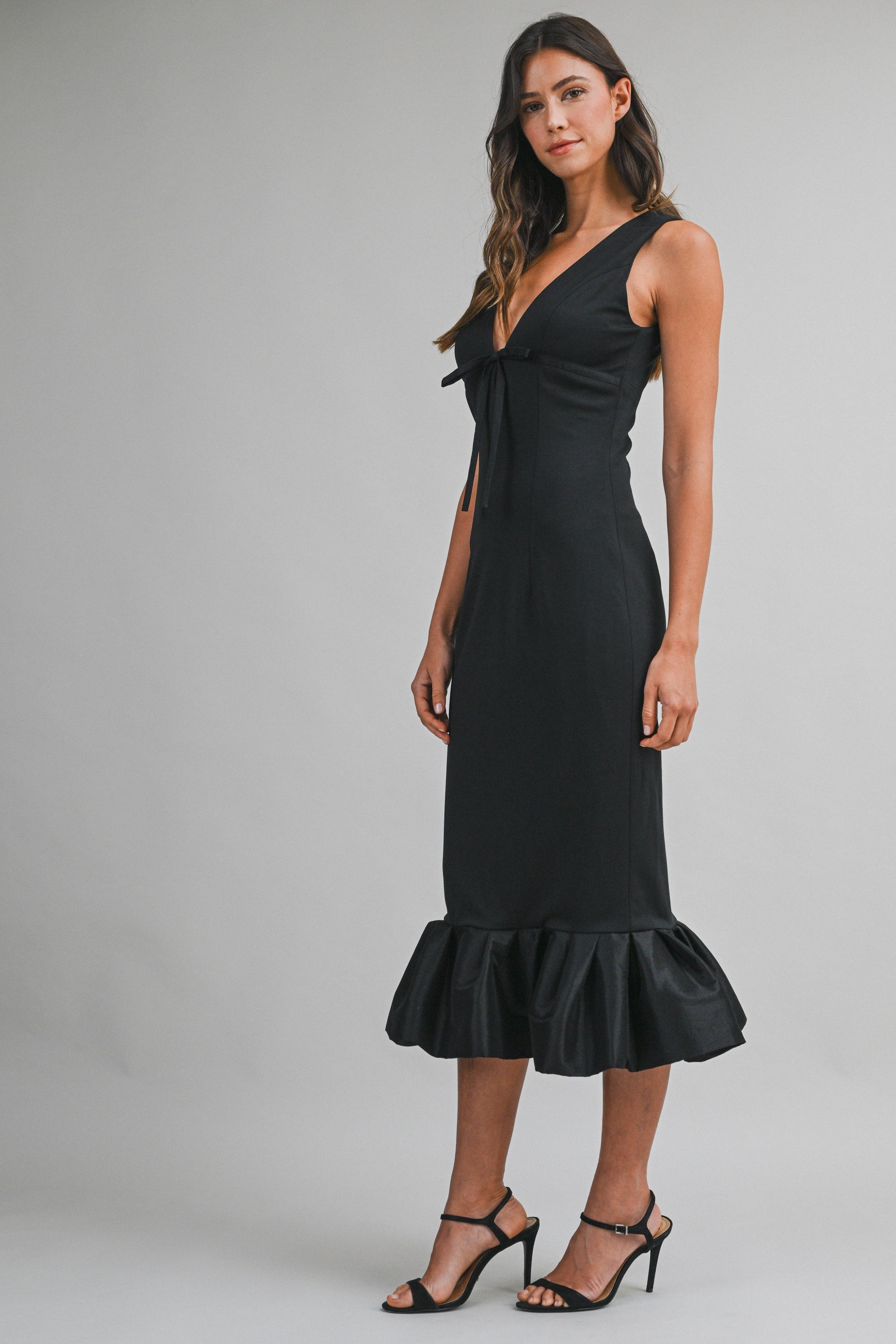 Lynn black plunge neckline midi dress with ruffle hem