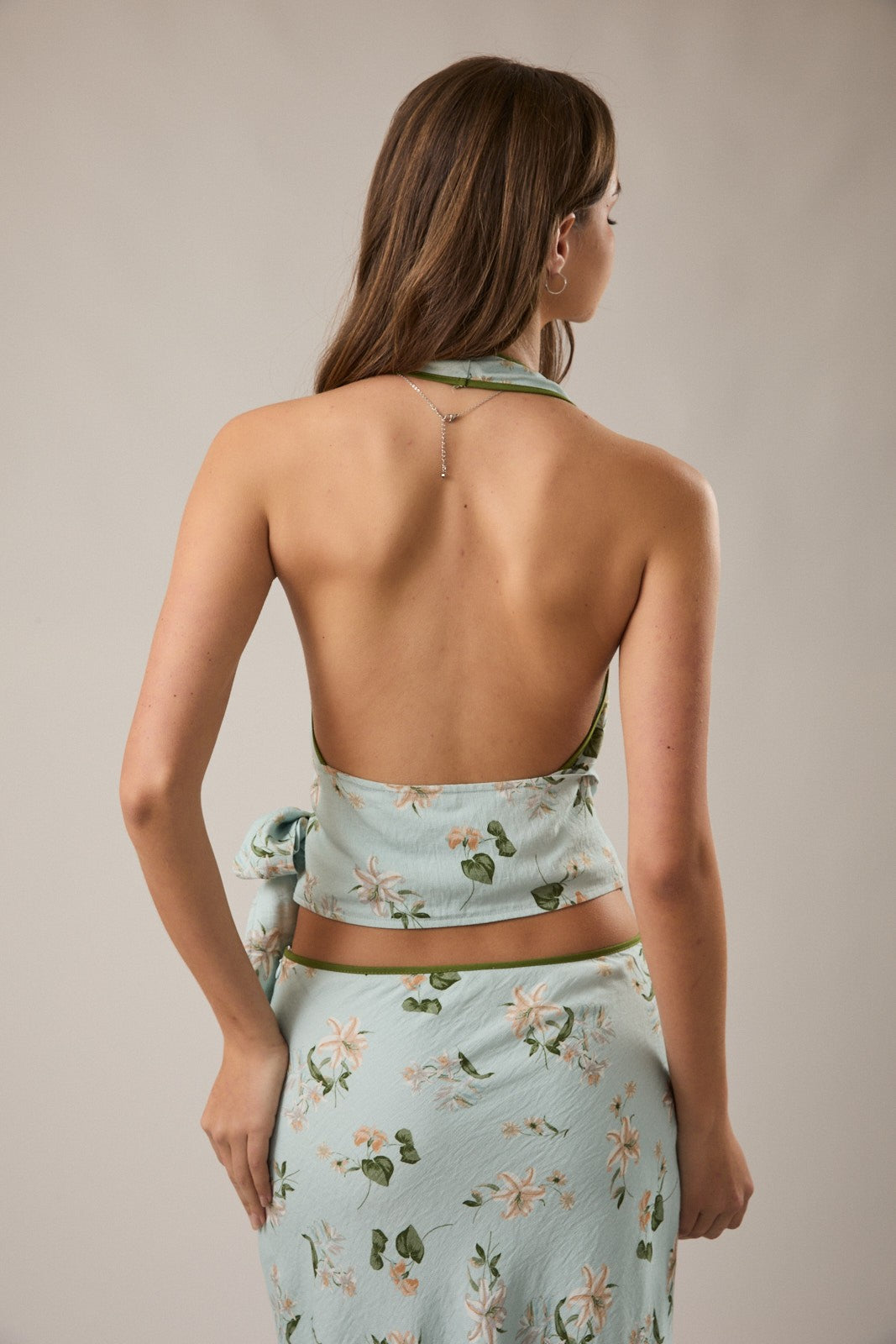 Ivy mint floral halter neck tie top