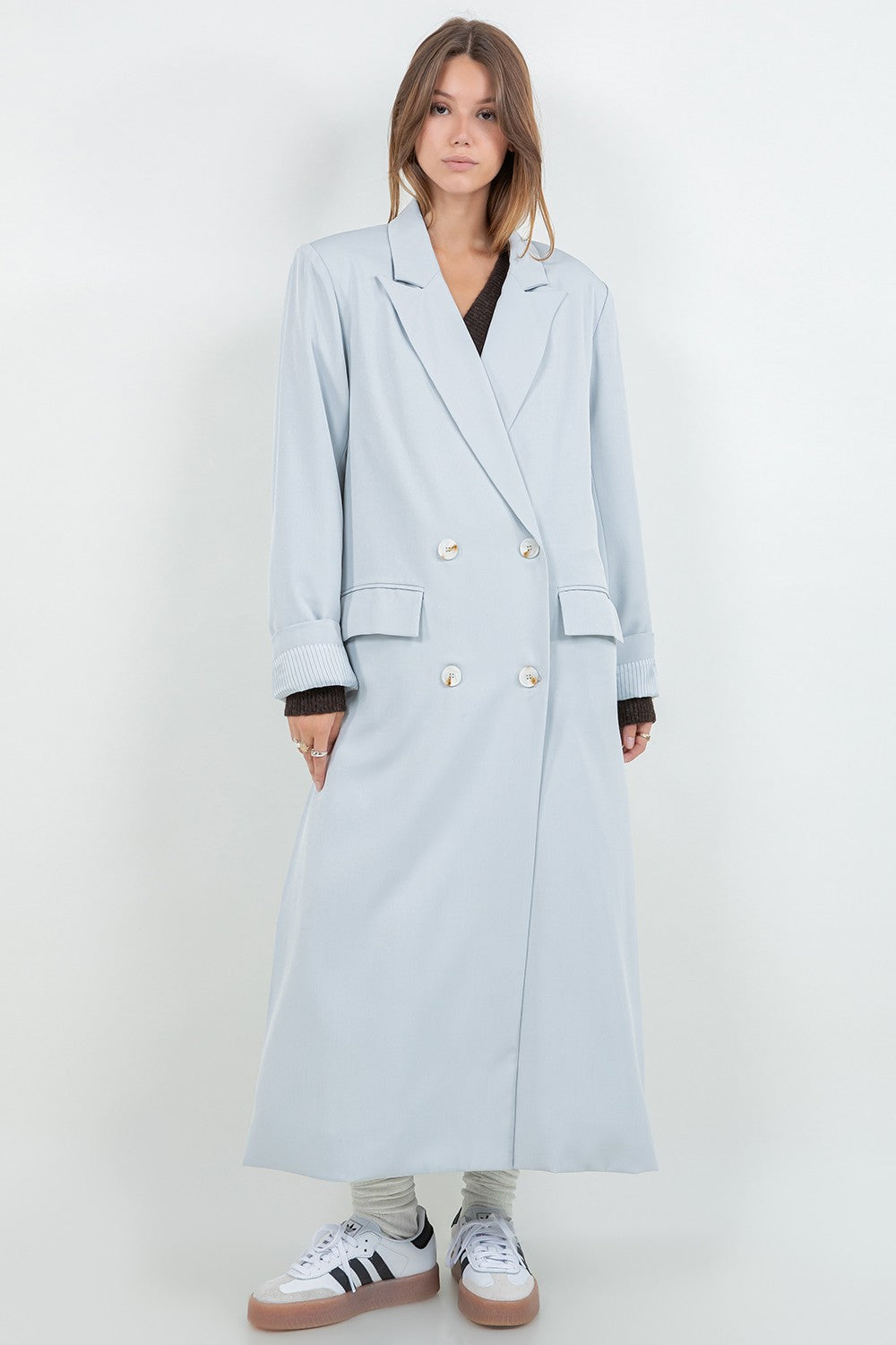 Quen light blue button closure long blazer
