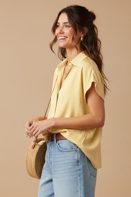 Vin pale yellow drop shoulder satin button up