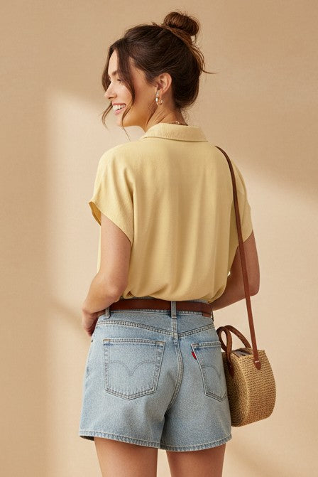 Vin pale yellow drop shoulder satin button up