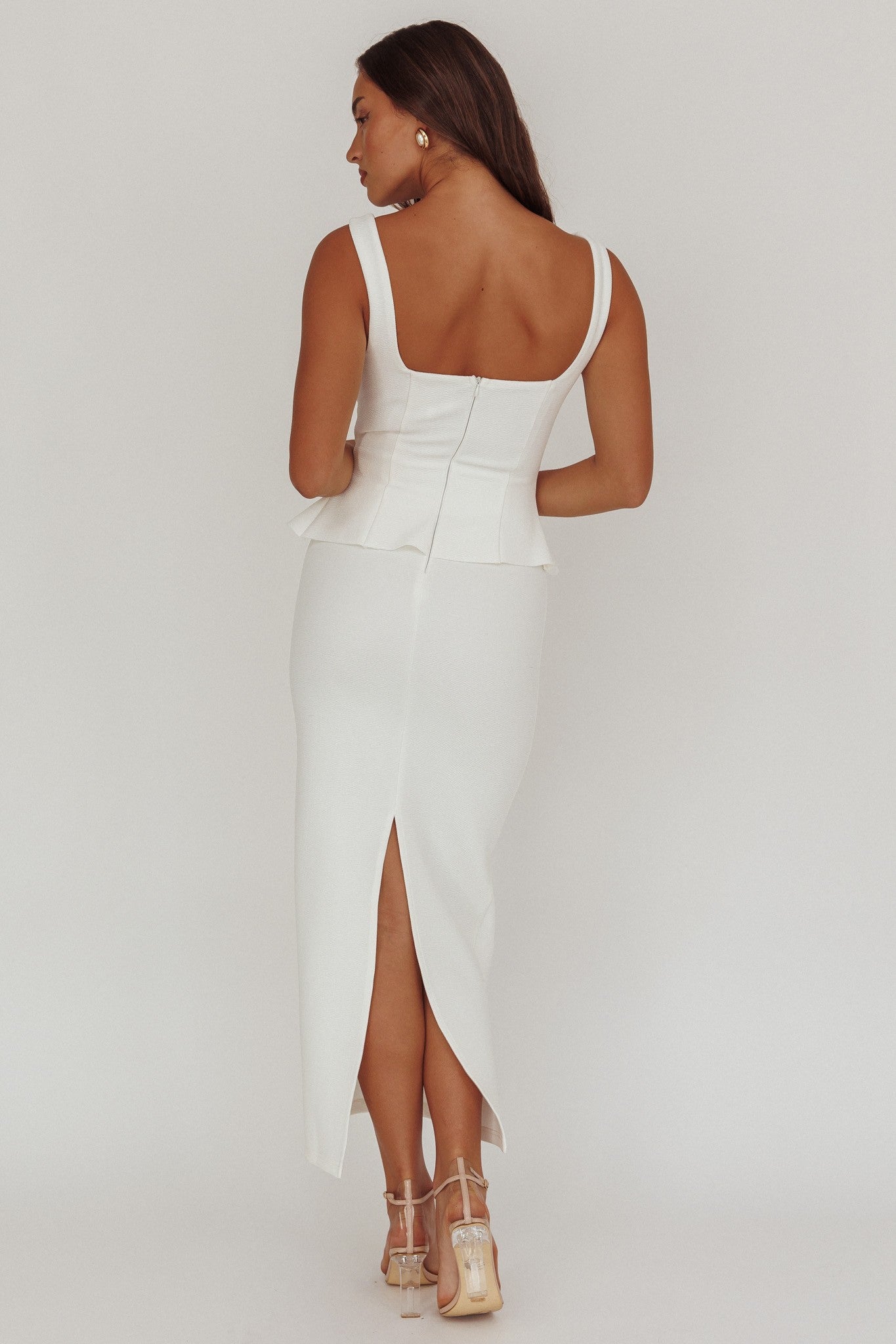Reverie white square neck peplum bodice midi dress