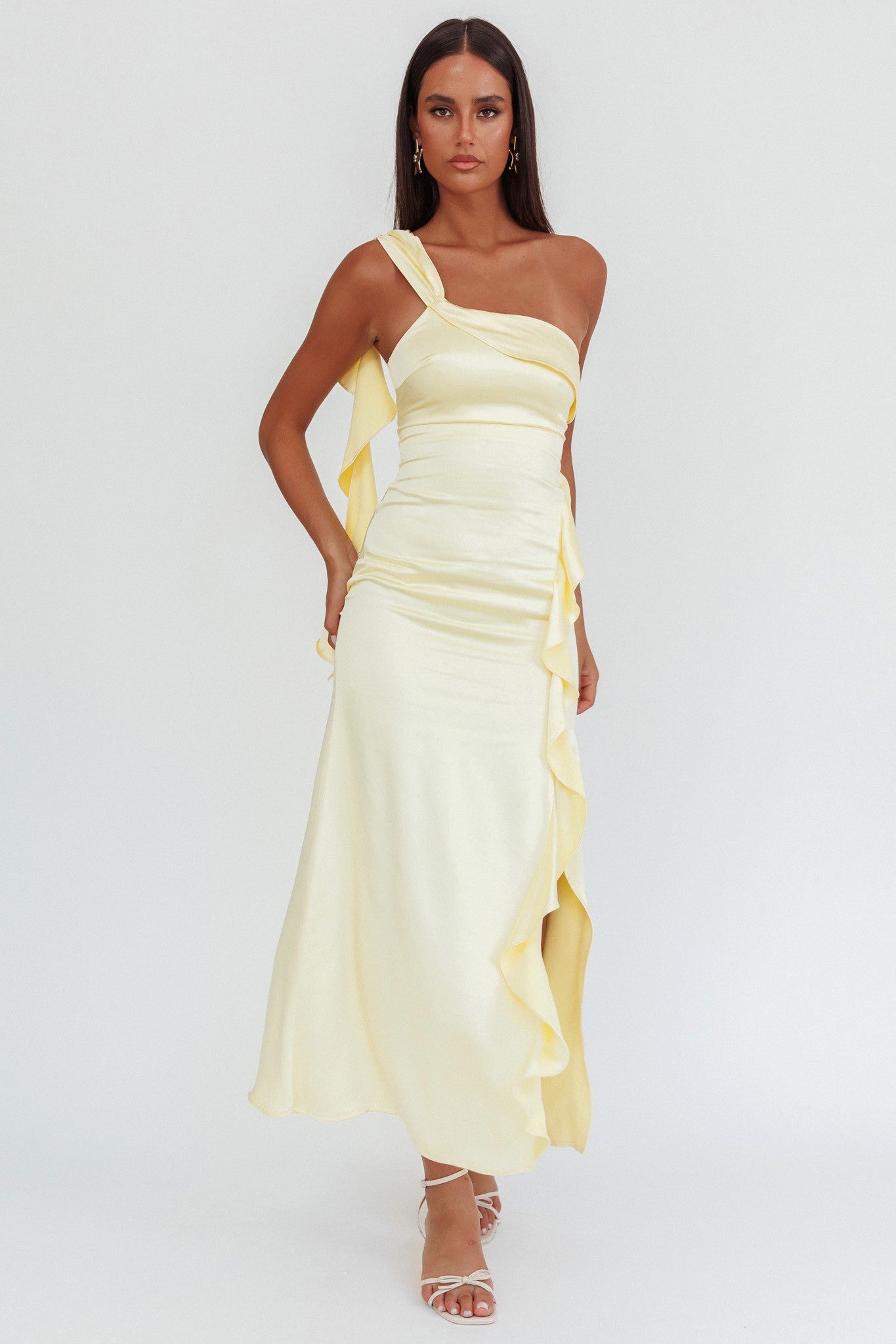 Saskia Butter yellow satin one shoulder maxi with ruffle trim