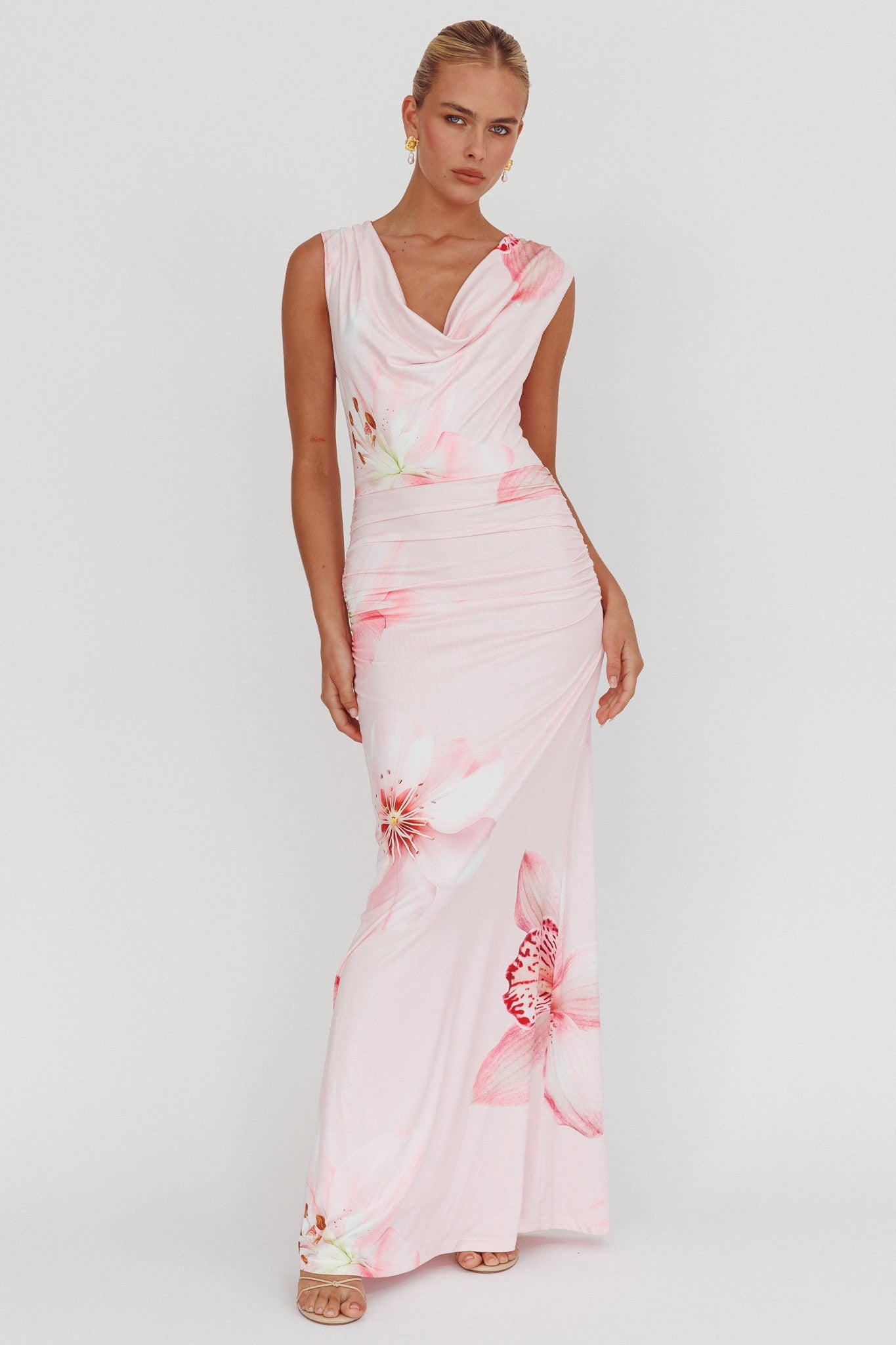 Cressida pink floral deep cowl neck maxi dress
