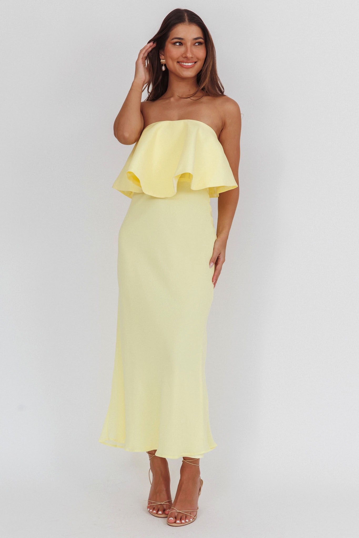 Esperanza Yellow strapless ruffled maxi  tube dress