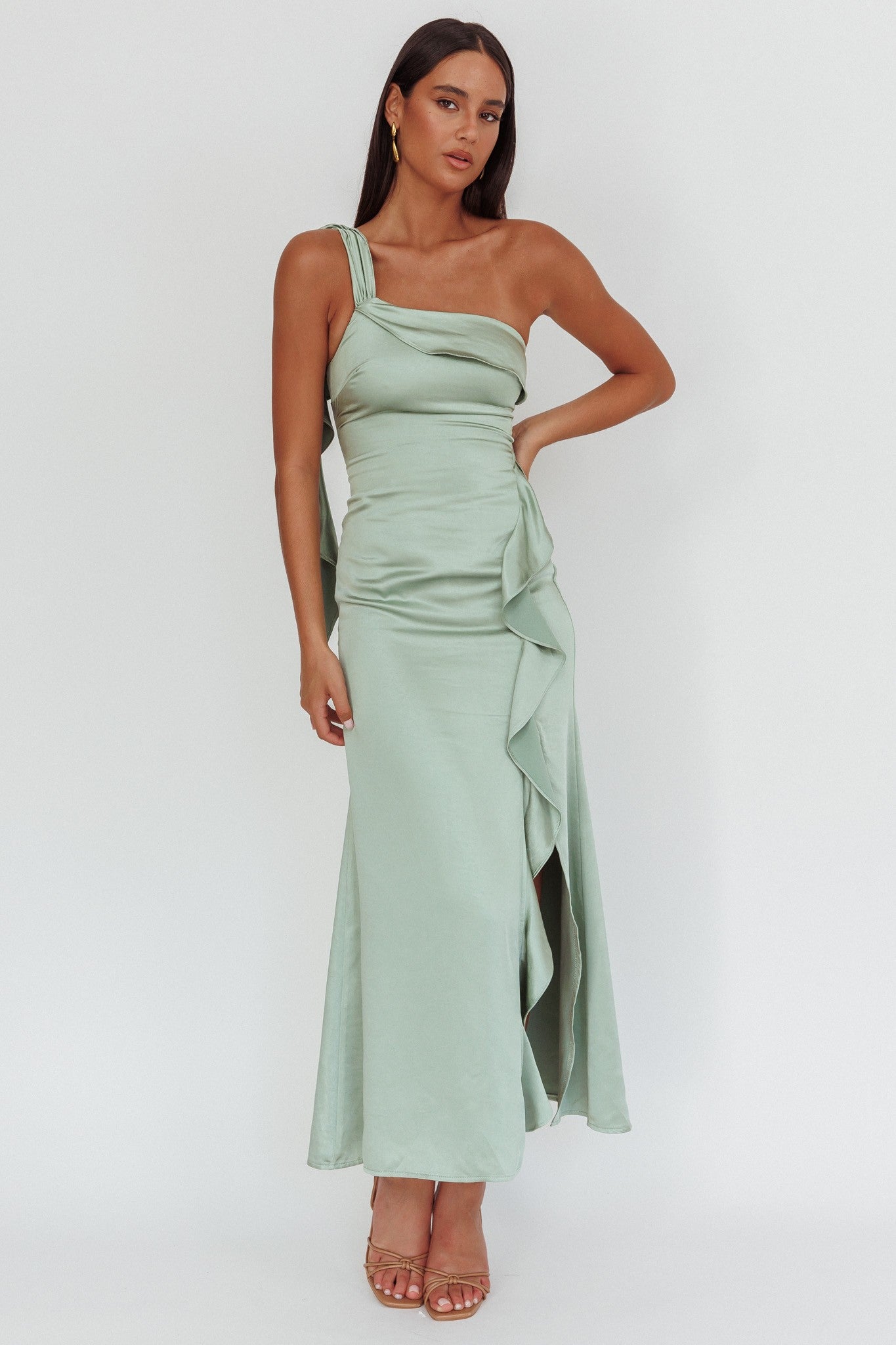 Saskia sage satin one shoulder ruffle trim maxi dress