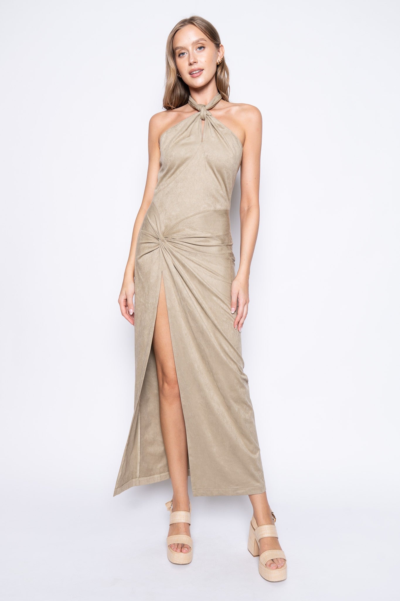 Kendra light tan suede tie neck halter maxi dress