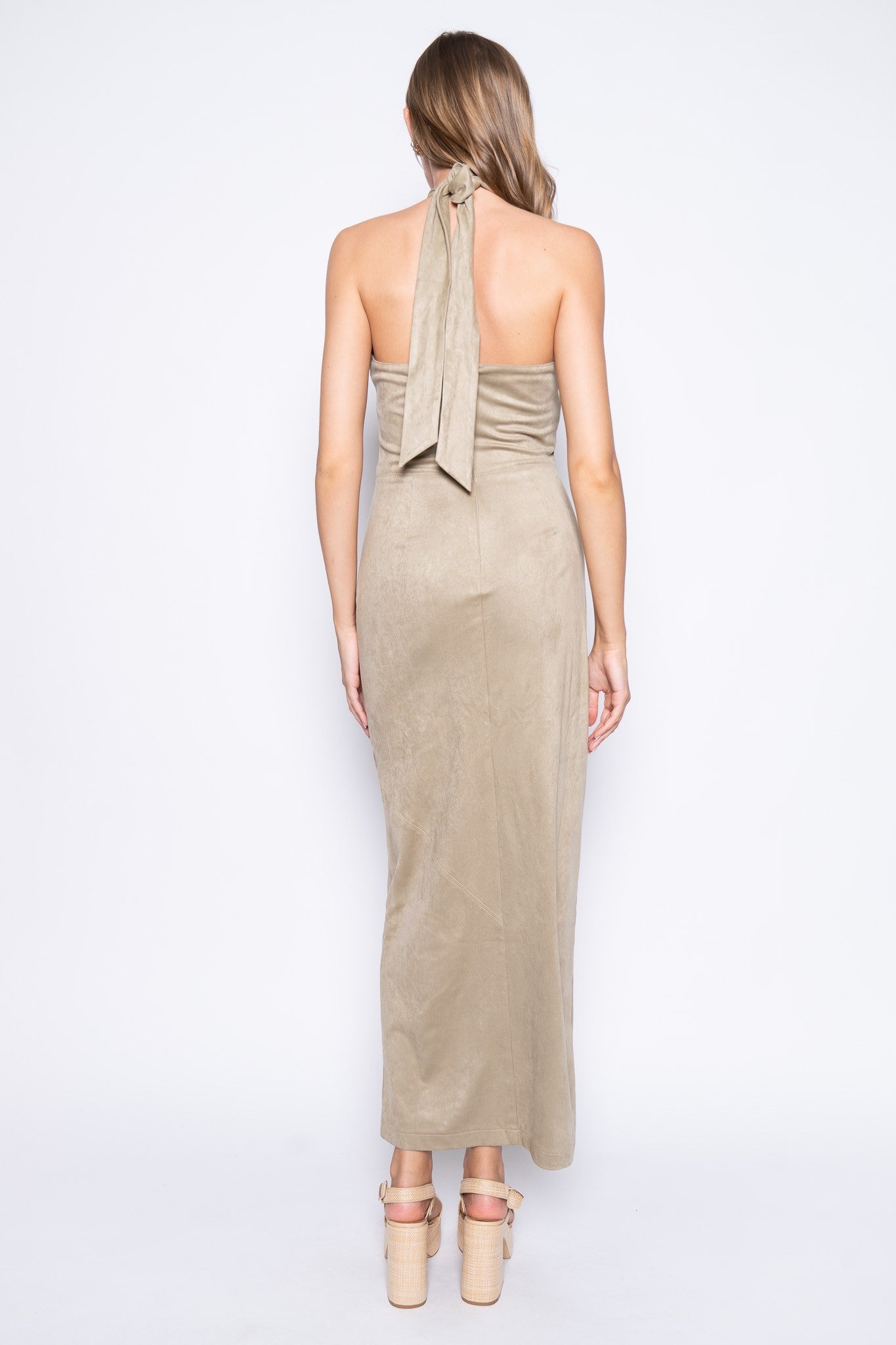 Kendra Light Tan Suede Tie Neck Halter Maxi Dress