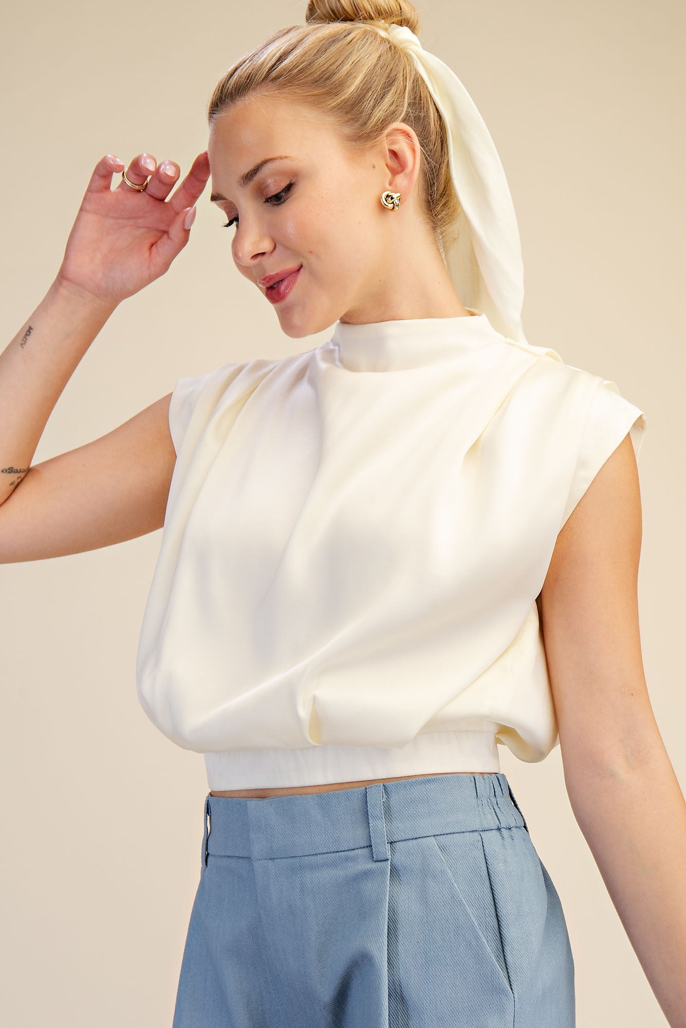 Harper ivory high neck back zipper top