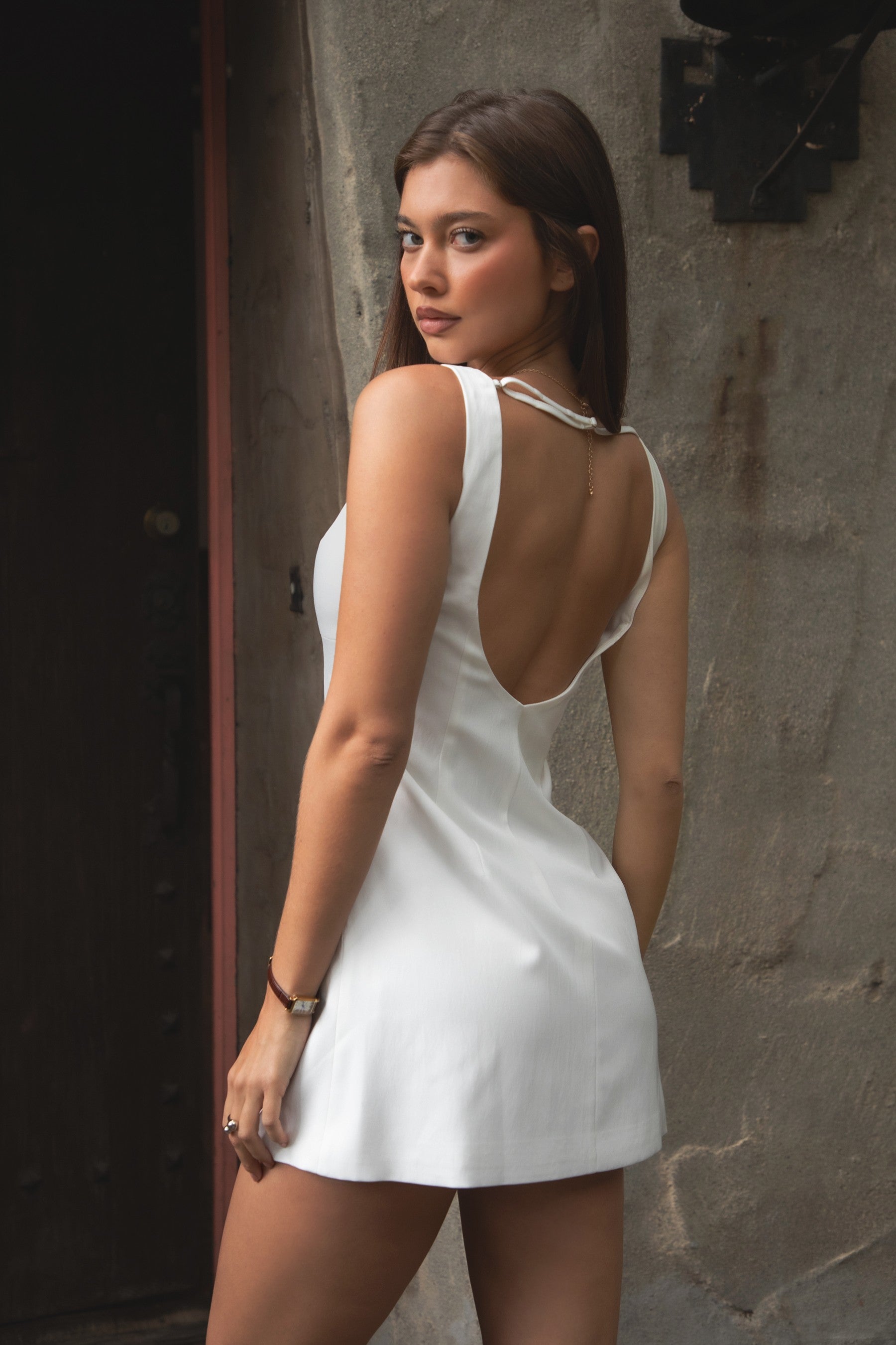 Aleina white boat neckline mini dress