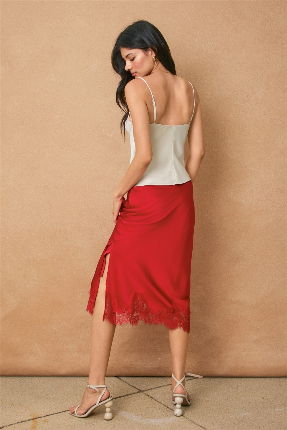 Cammi Red Matte Satin Midi Skirt With Lace Hem