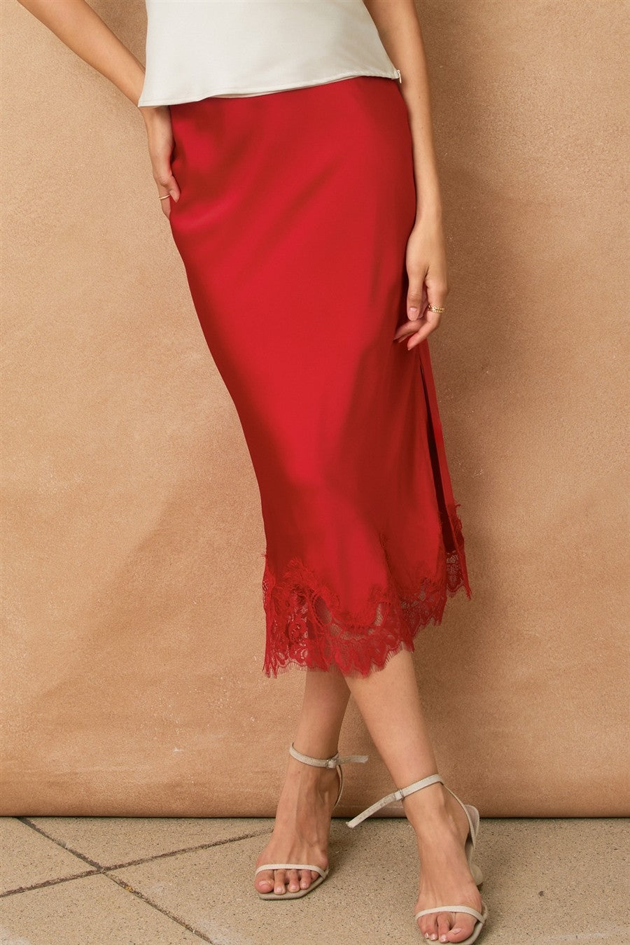 Cammi Red Matte Satin Midi Skirt With Lace Hem