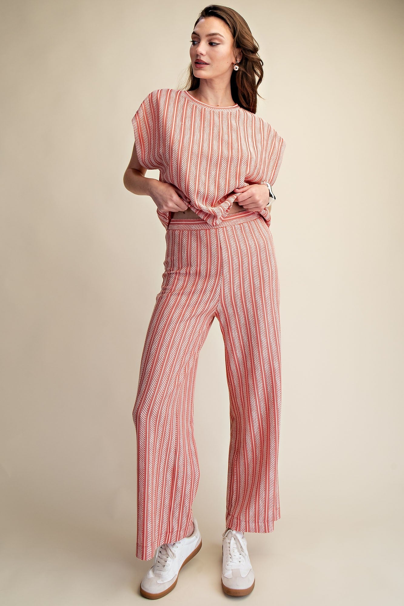 Marta Red and Cream Striped Textured Pant