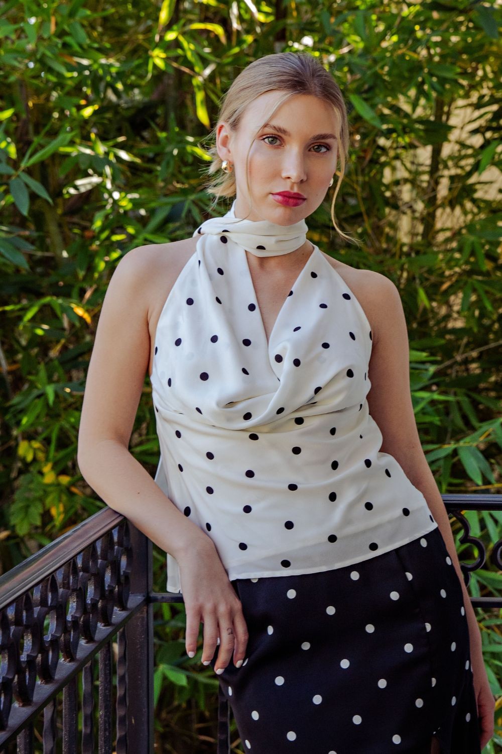 Azaria ivory polka dot halter top