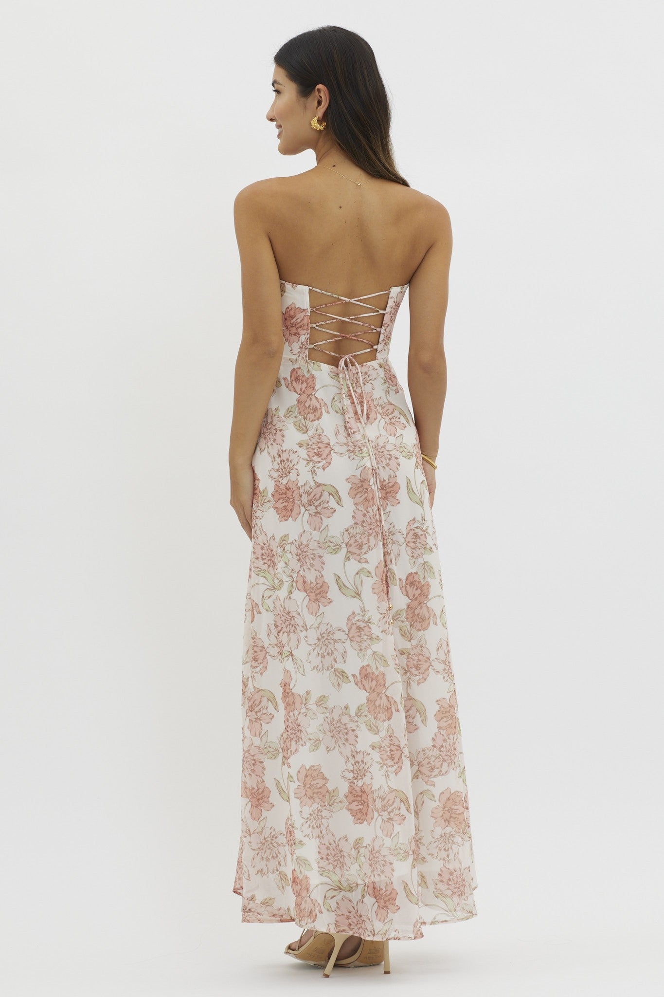 Chloe Chiffon Floral Strapless Corset Back Midi Dress