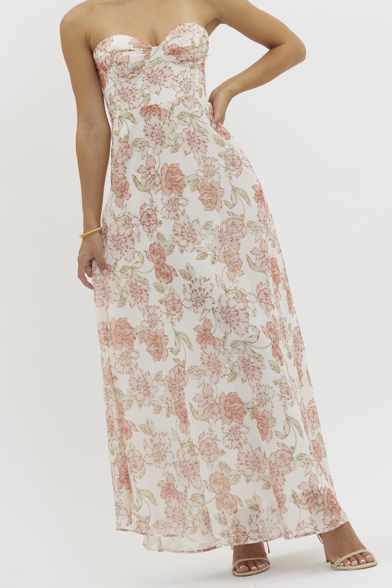 Chloe Chiffon Floral Strapless Corset Back Bone In Midi Dress