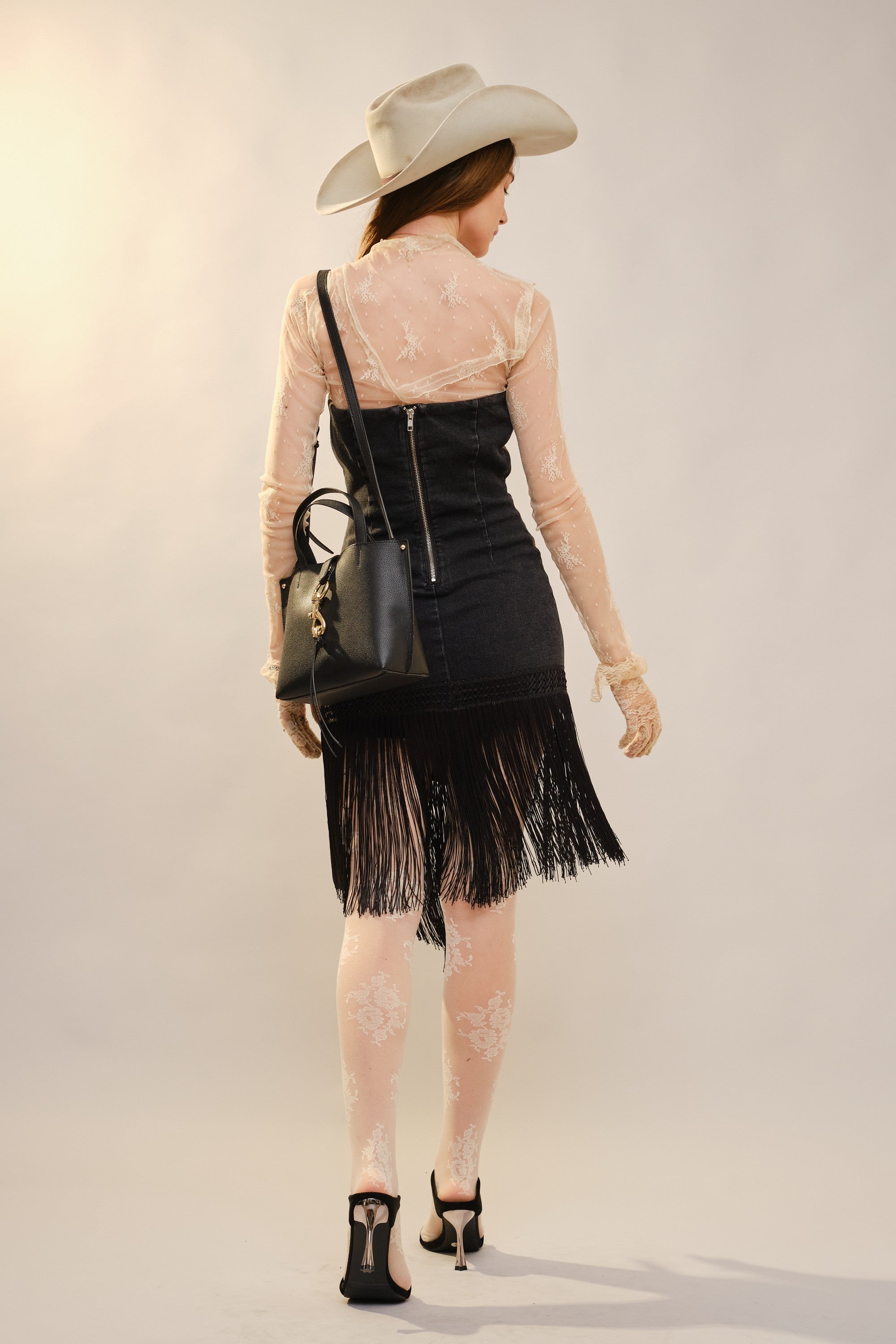 Birdie black western embroidery fringe denim dress