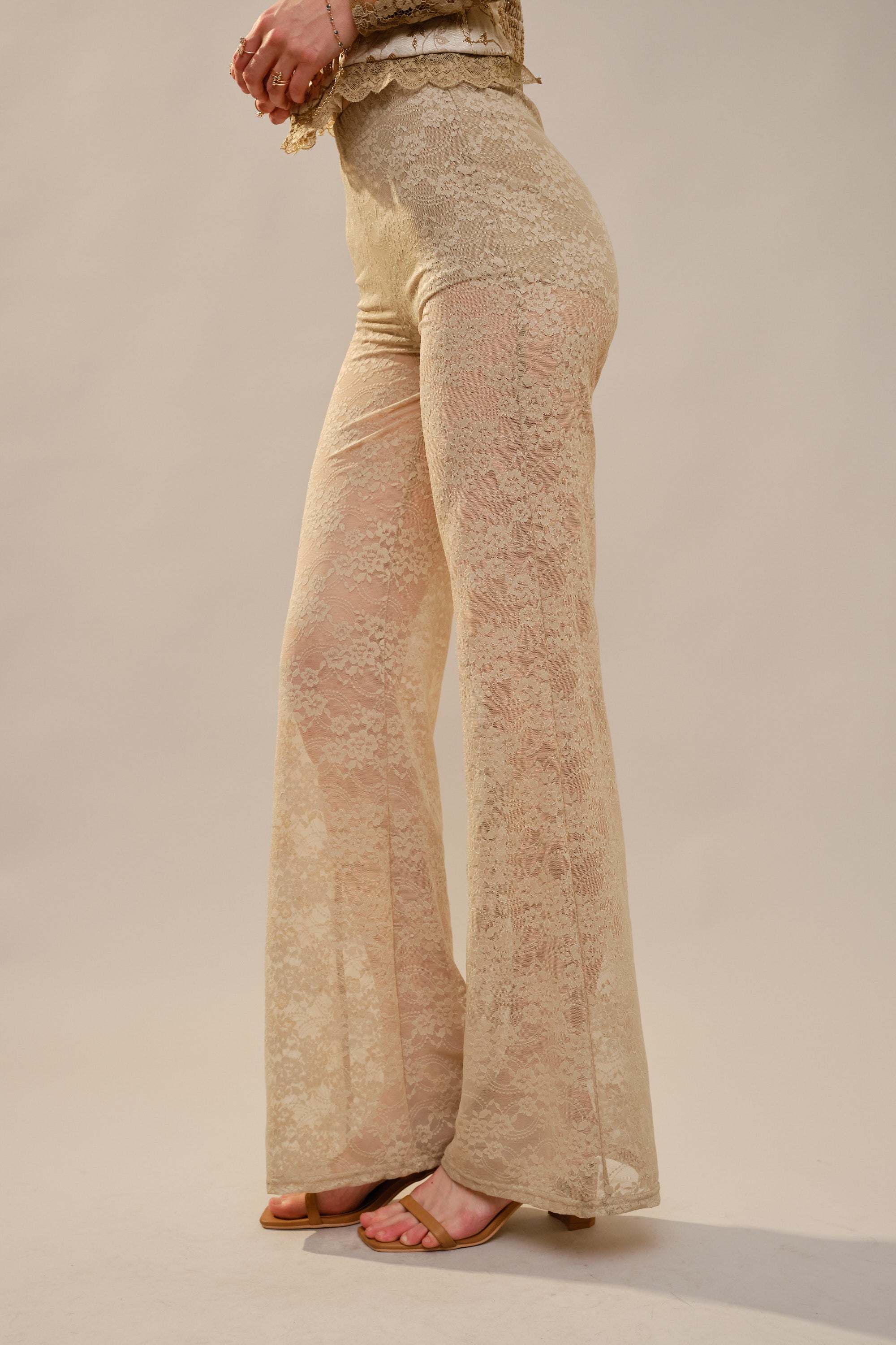 Cassandra Sand Floral Lace Overlay Flare Pant
