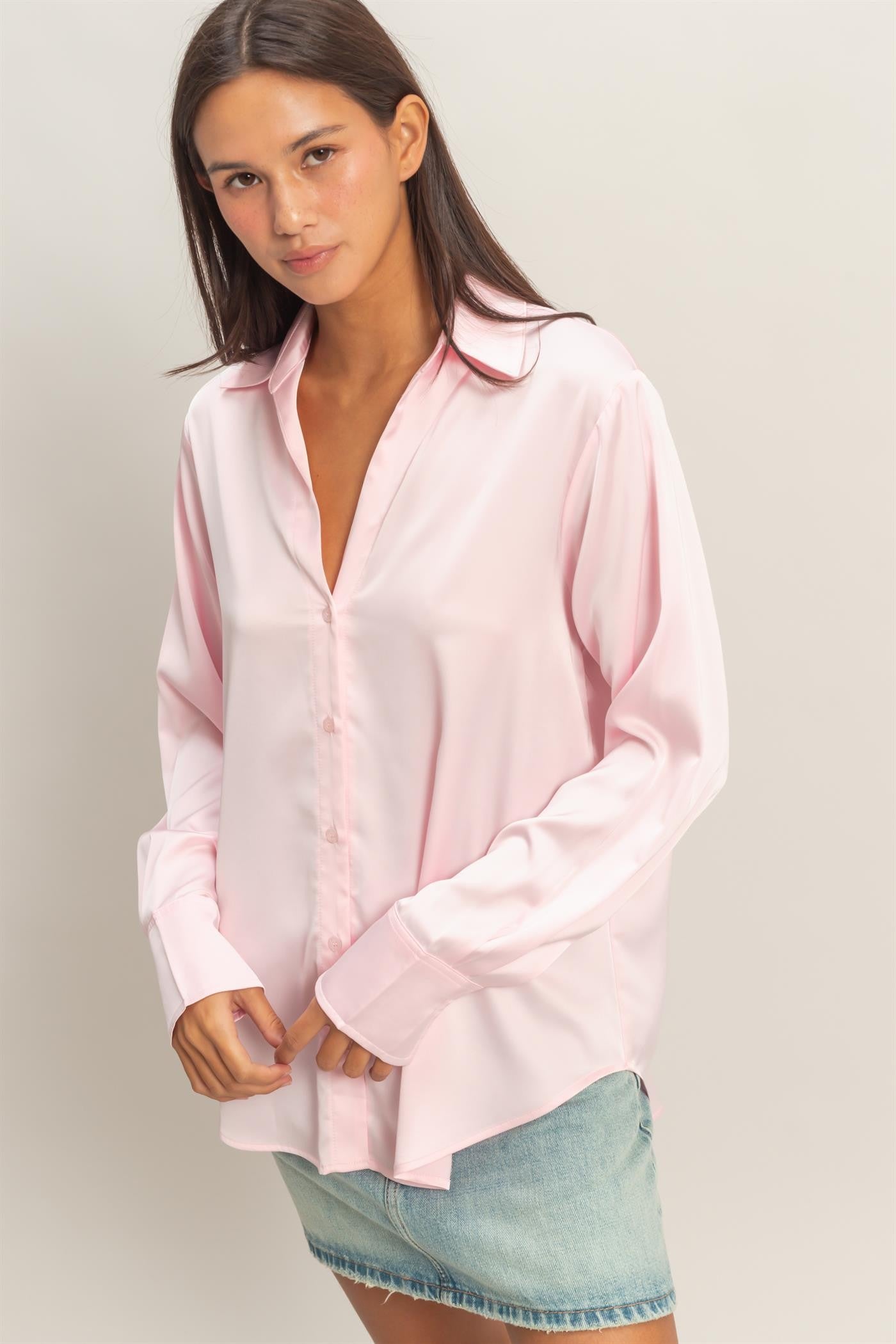 Kara pink satin v neck button up
