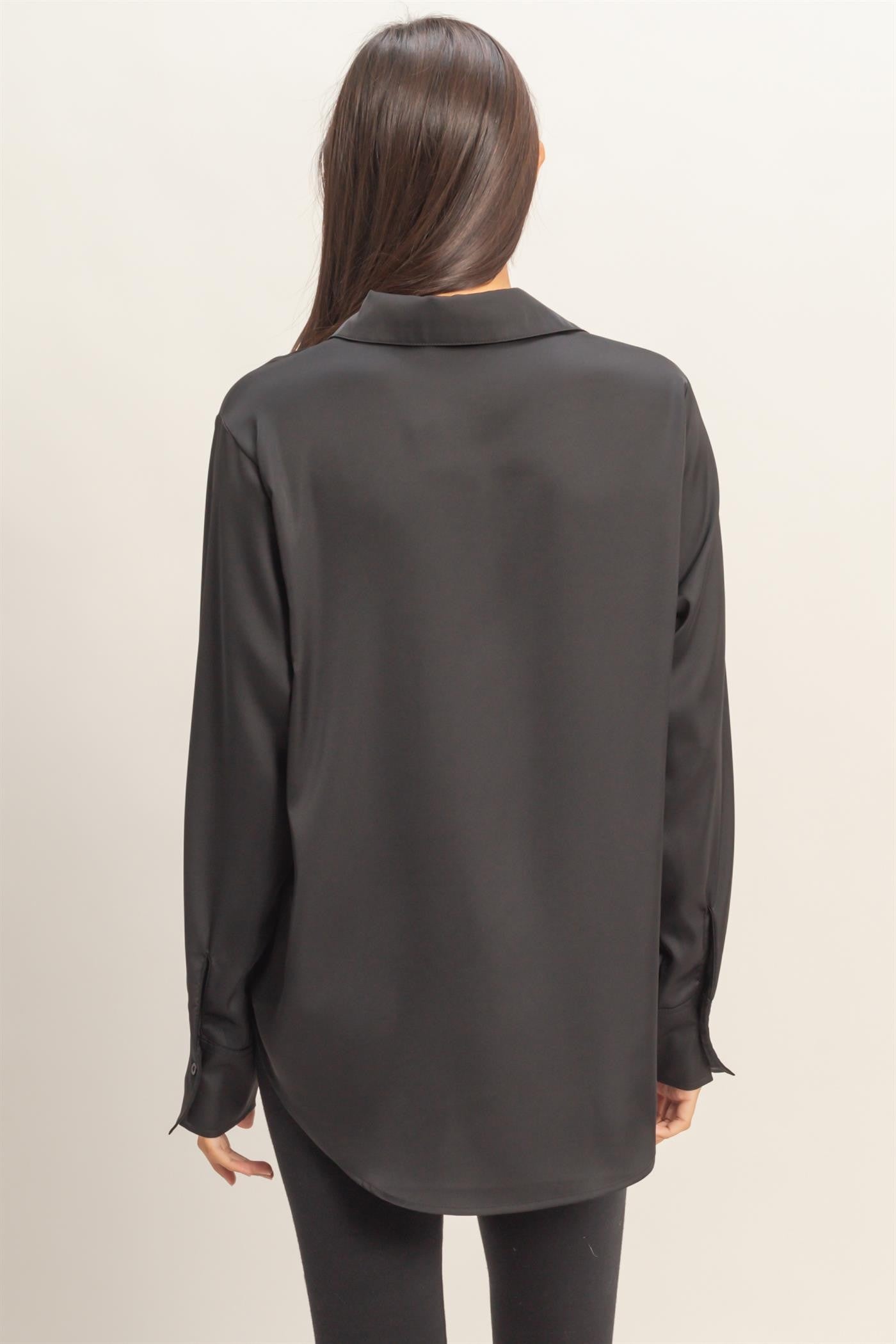 Kara black satin v neck button up