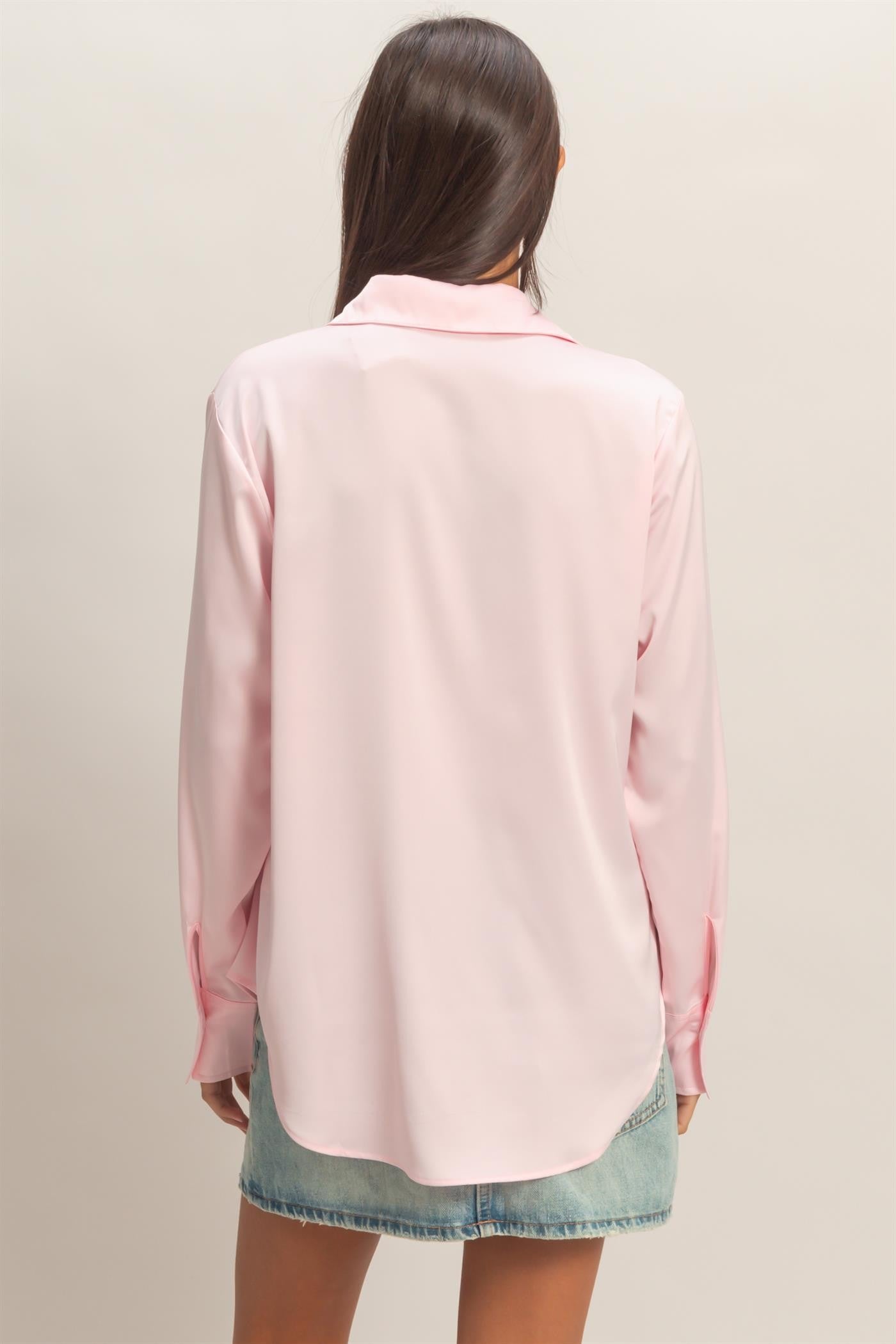Kara pink satin v neck button up