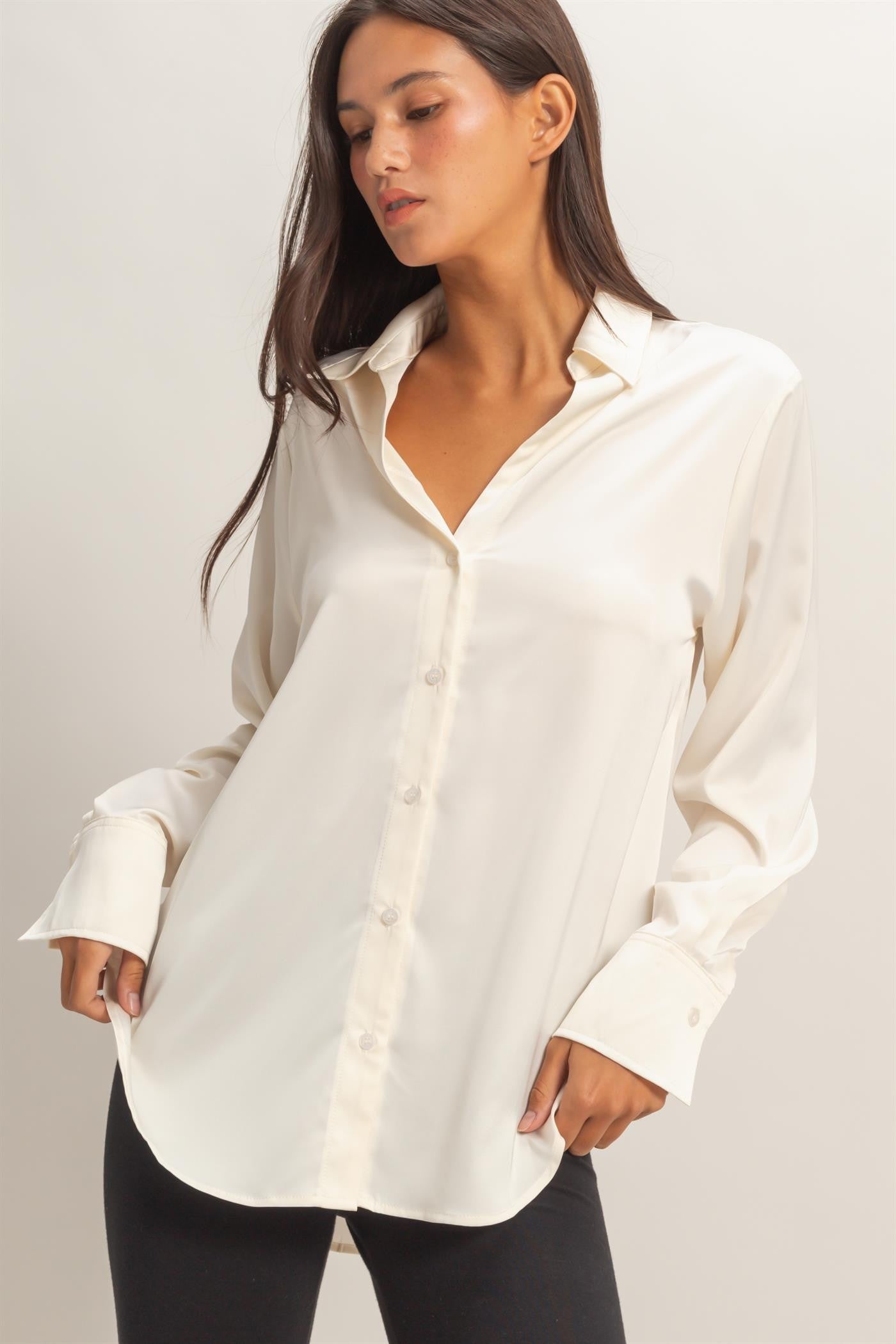 Kara cream satin v neck button up