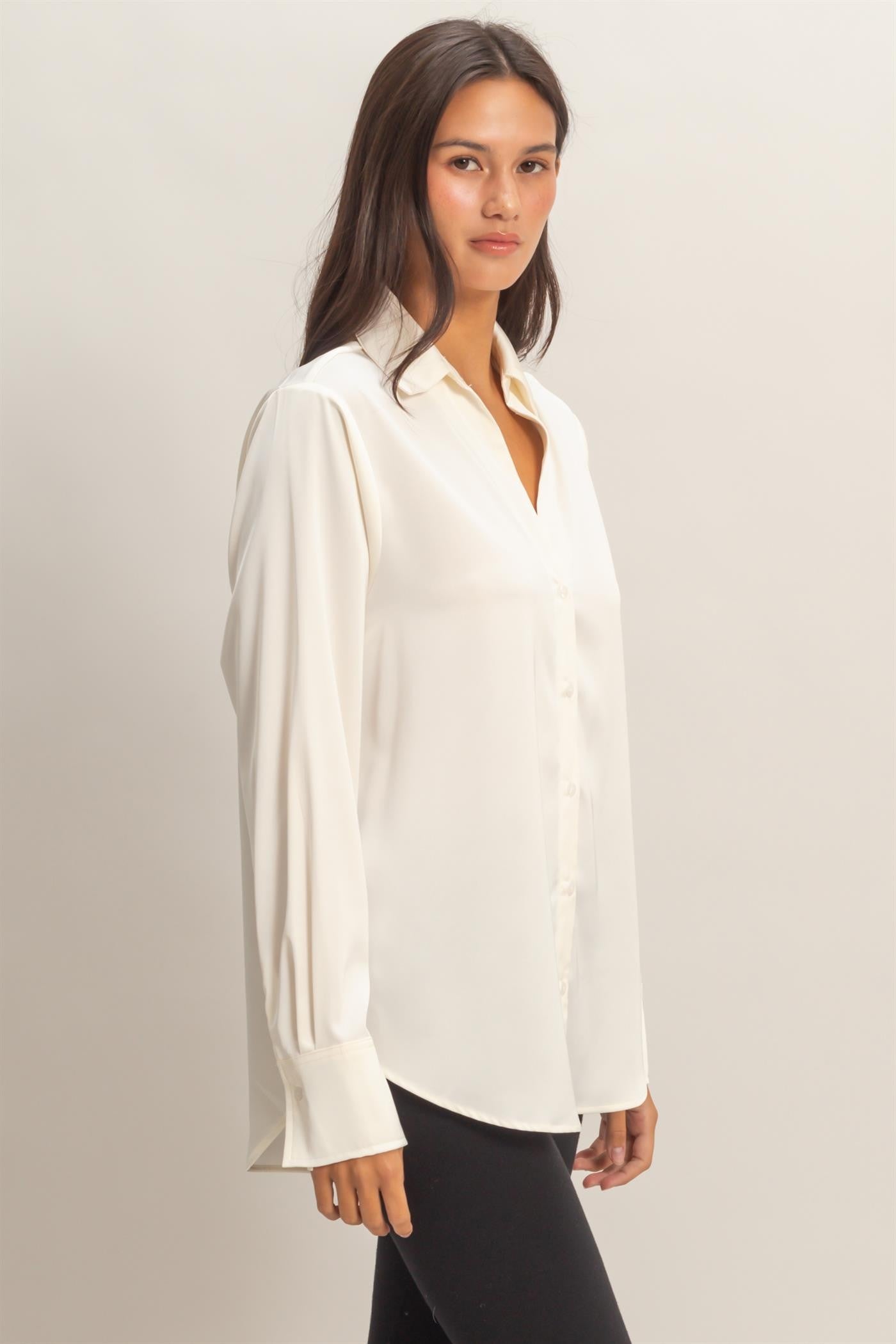 Kara cream satin v neck button up