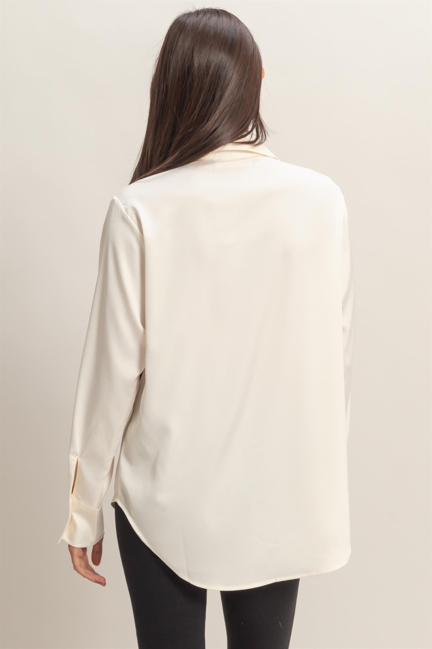Kara cream satin v neck button up