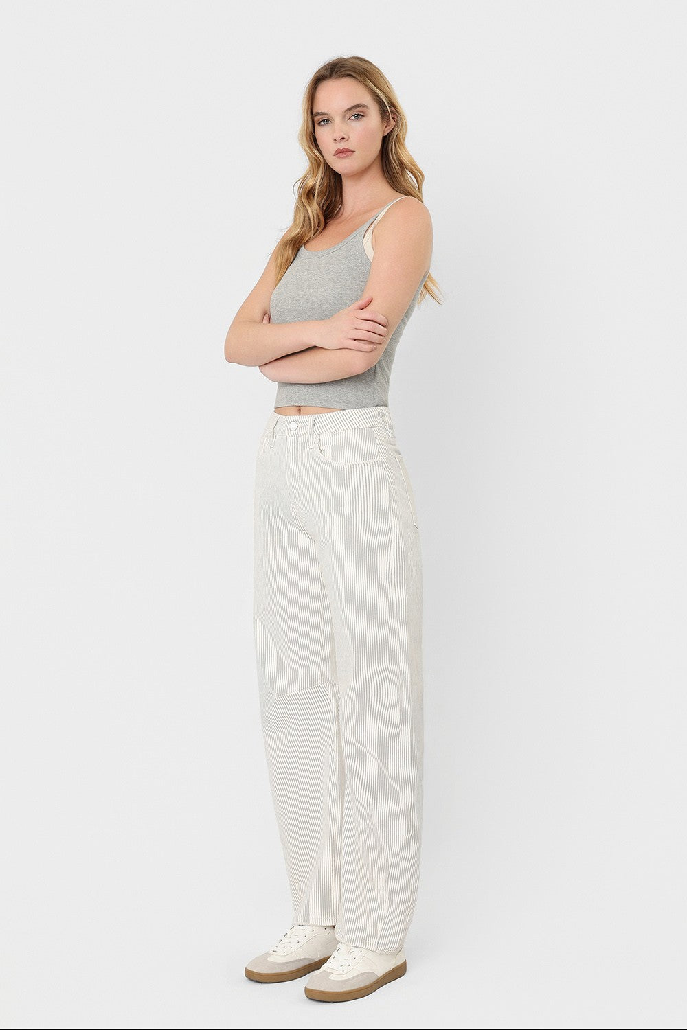 Willie White Striped Barrel Jean With Darts