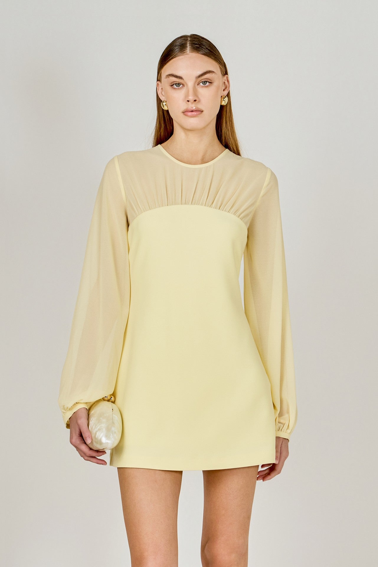 Grand butter yellow mixed media puff sleeve mini dress