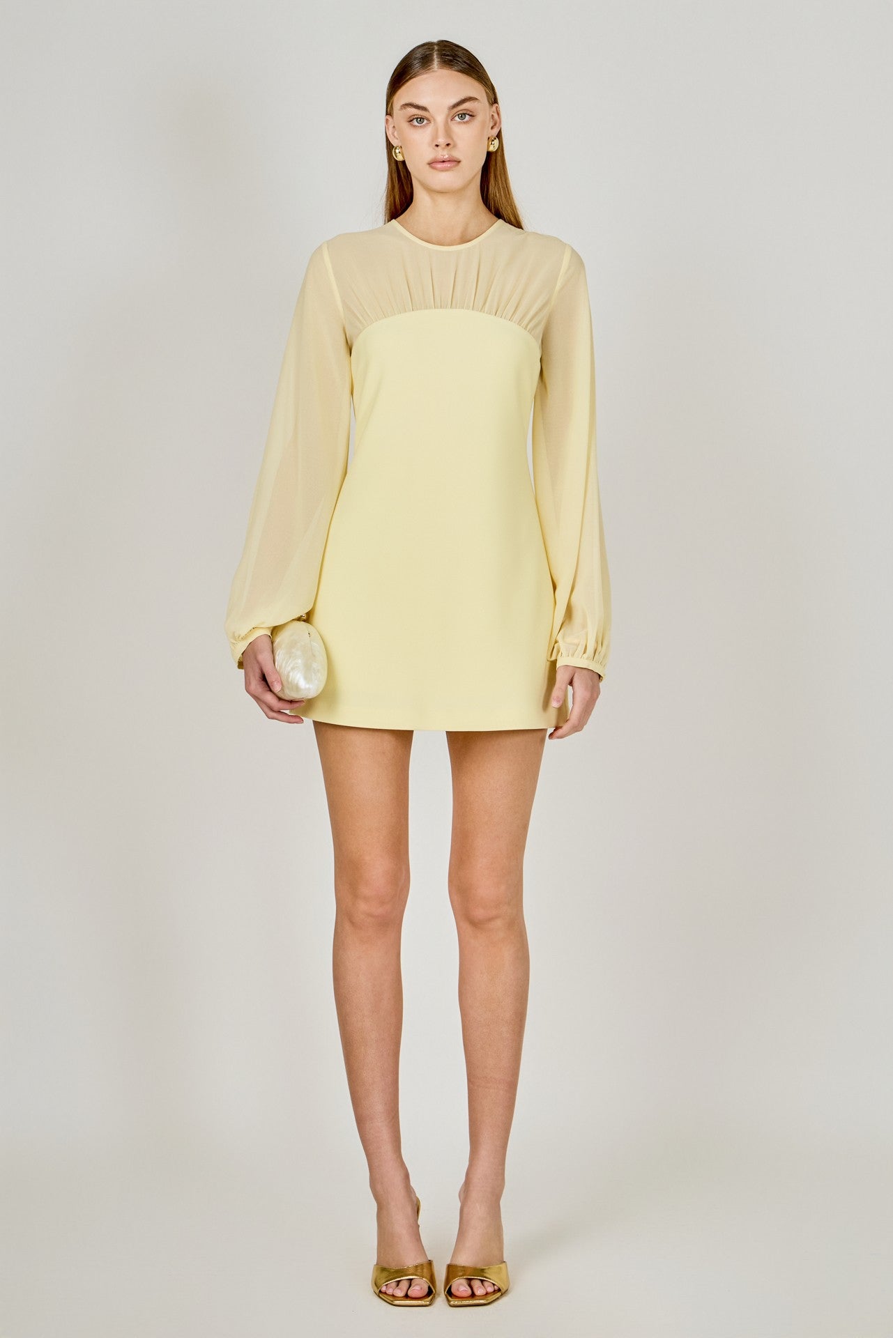 Grand butter yellow mixed media puff sleeve mini dress