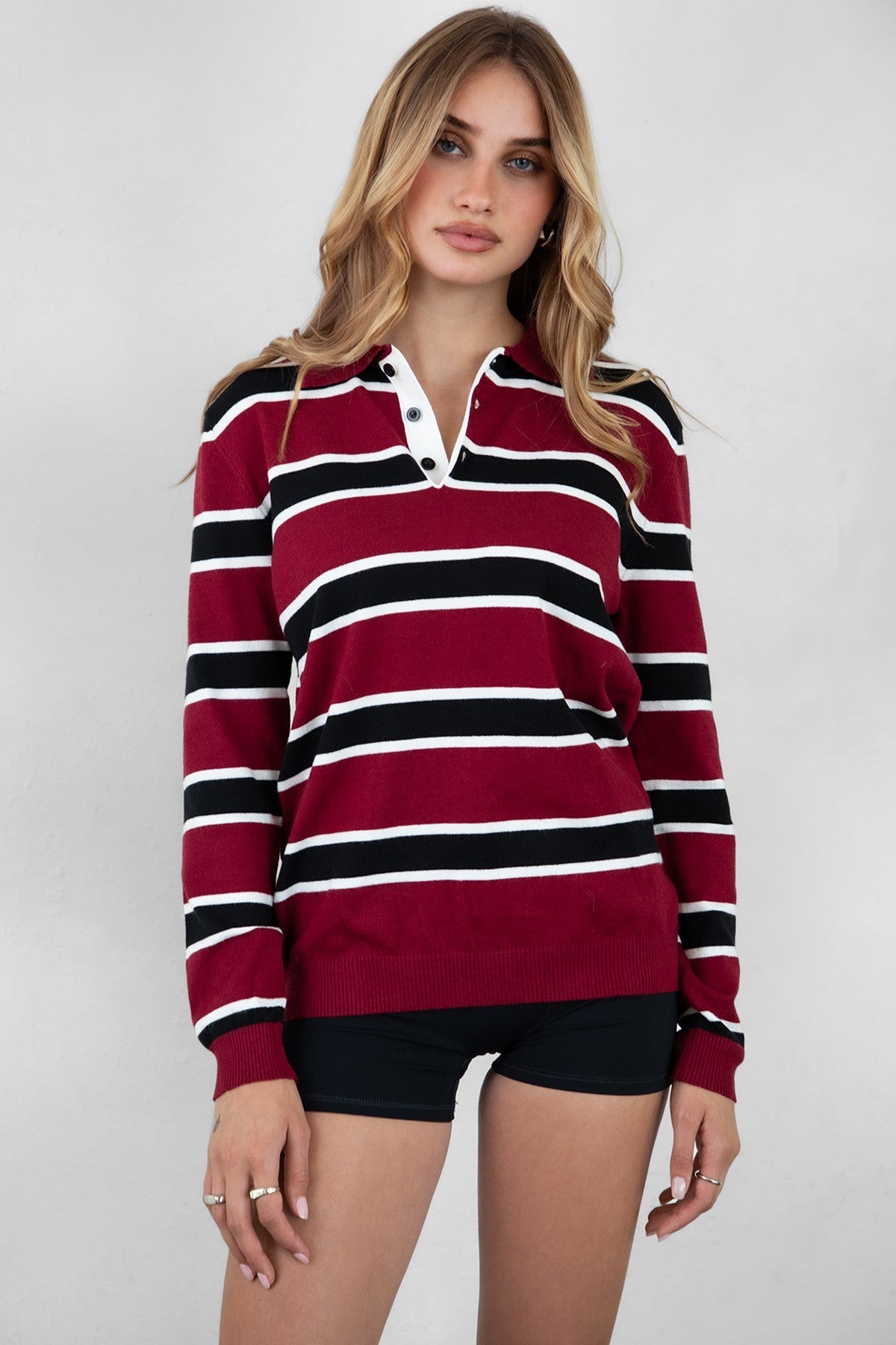 Annie Red/Black Striped Long Sleeve Polo Shirt