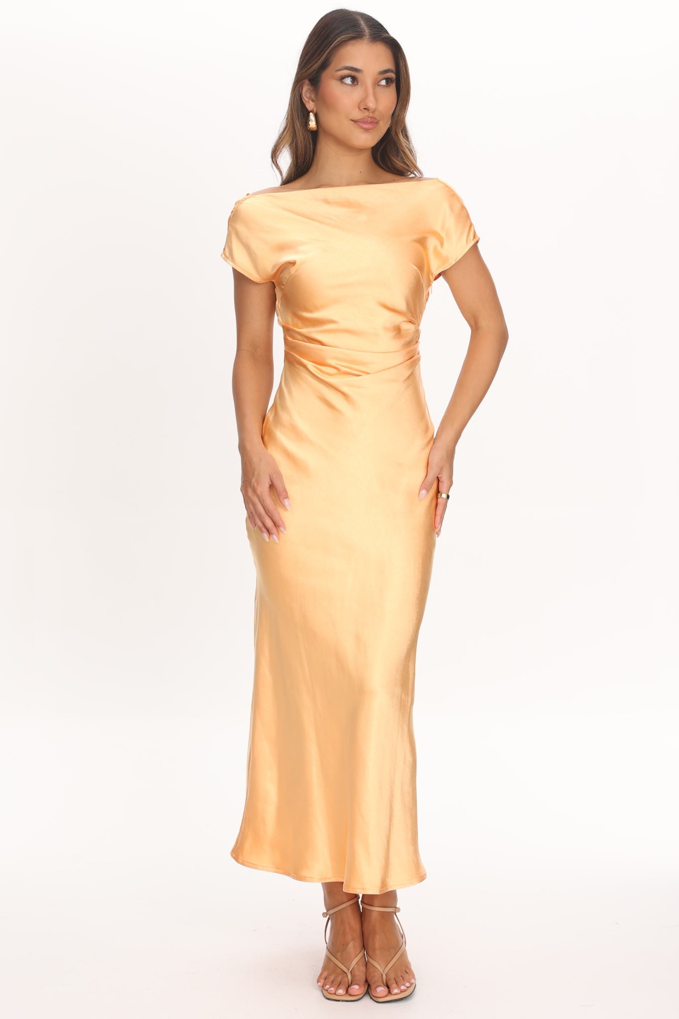 Clea Cantaloupe satin boat neck maxi dress with draped back