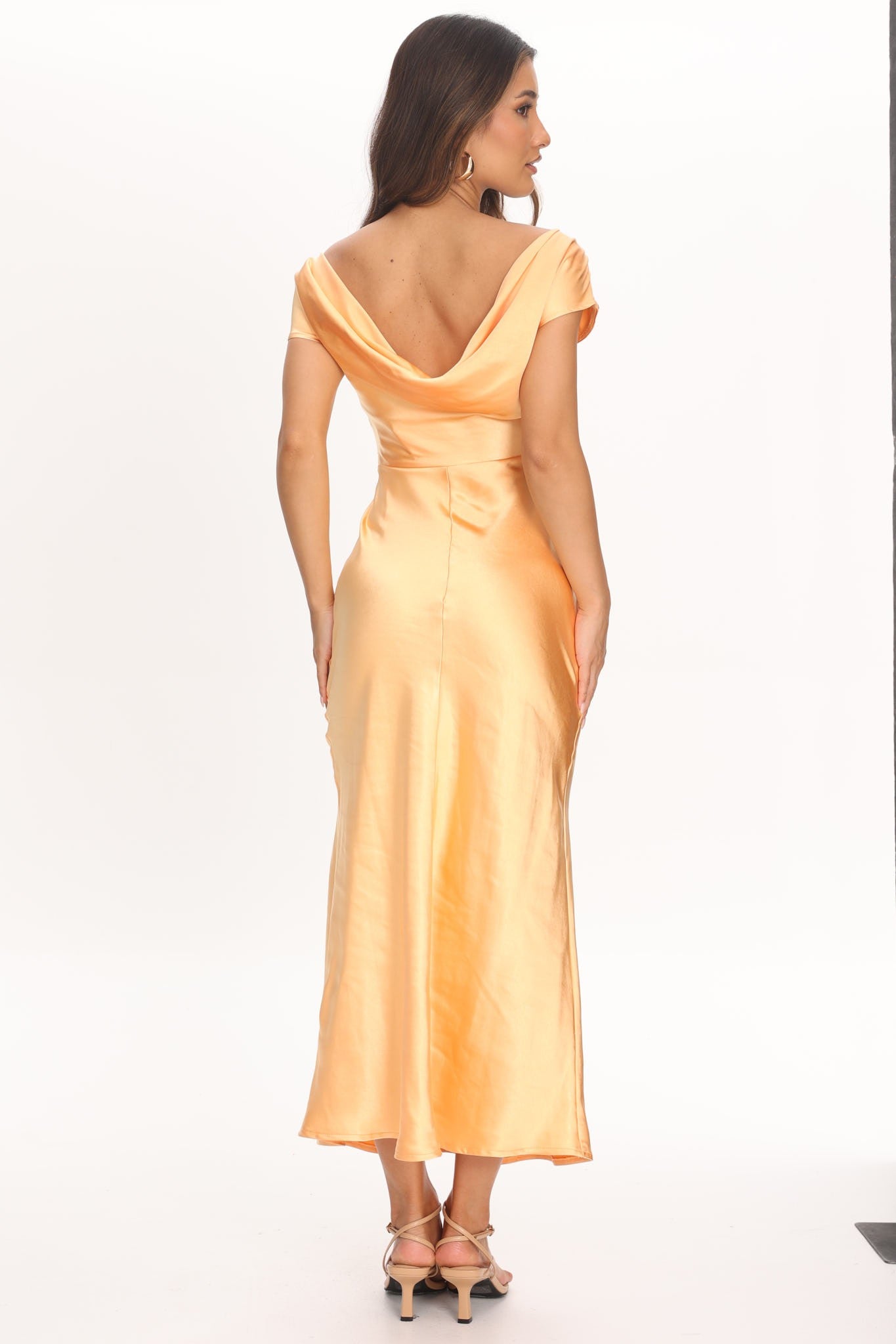 Clea Cantaloupe satin boat neck maxi dress with draped back