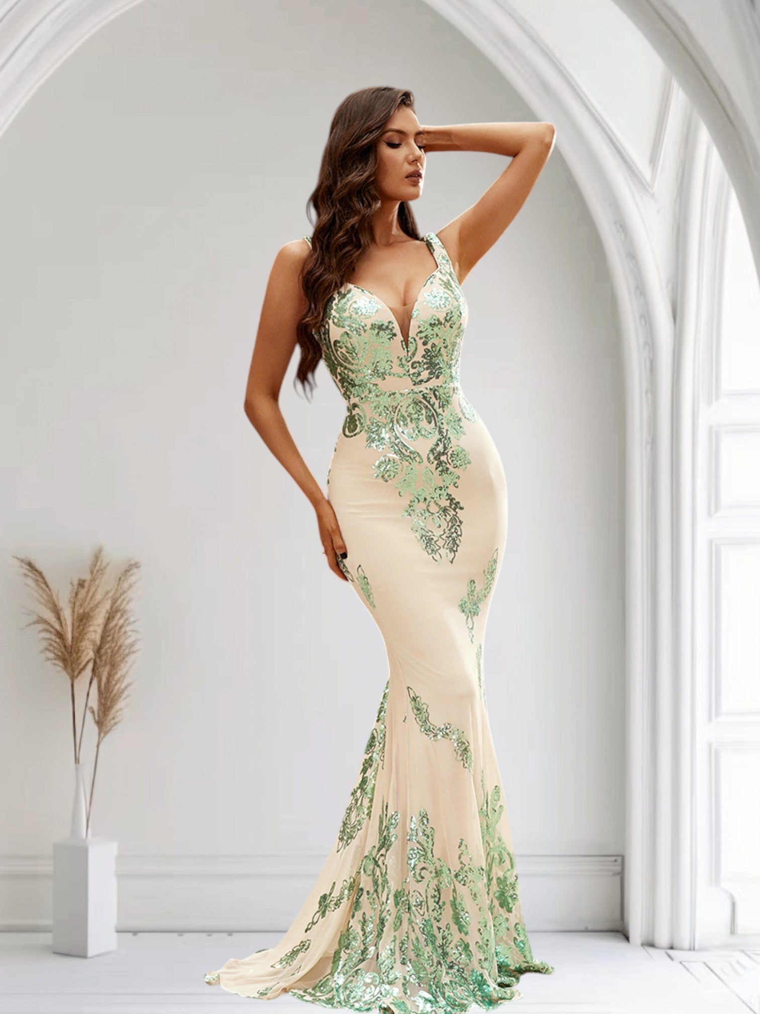 Fiona Sequin Mint Beige Trumpet Style Formal