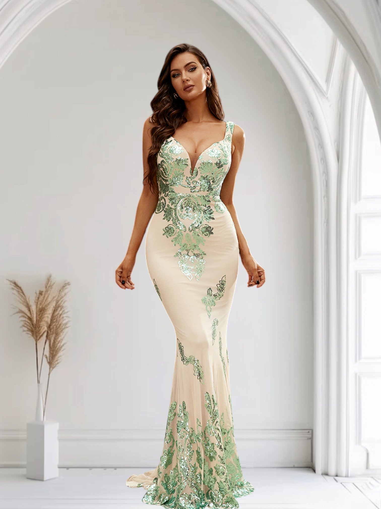 Fiona Sequin Mint Beige Trumpet Style Formal