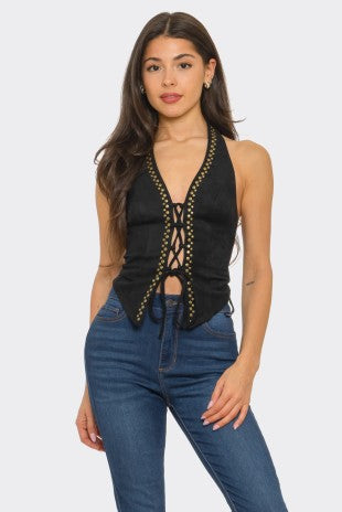 Brandi black tie front gold studded suede top