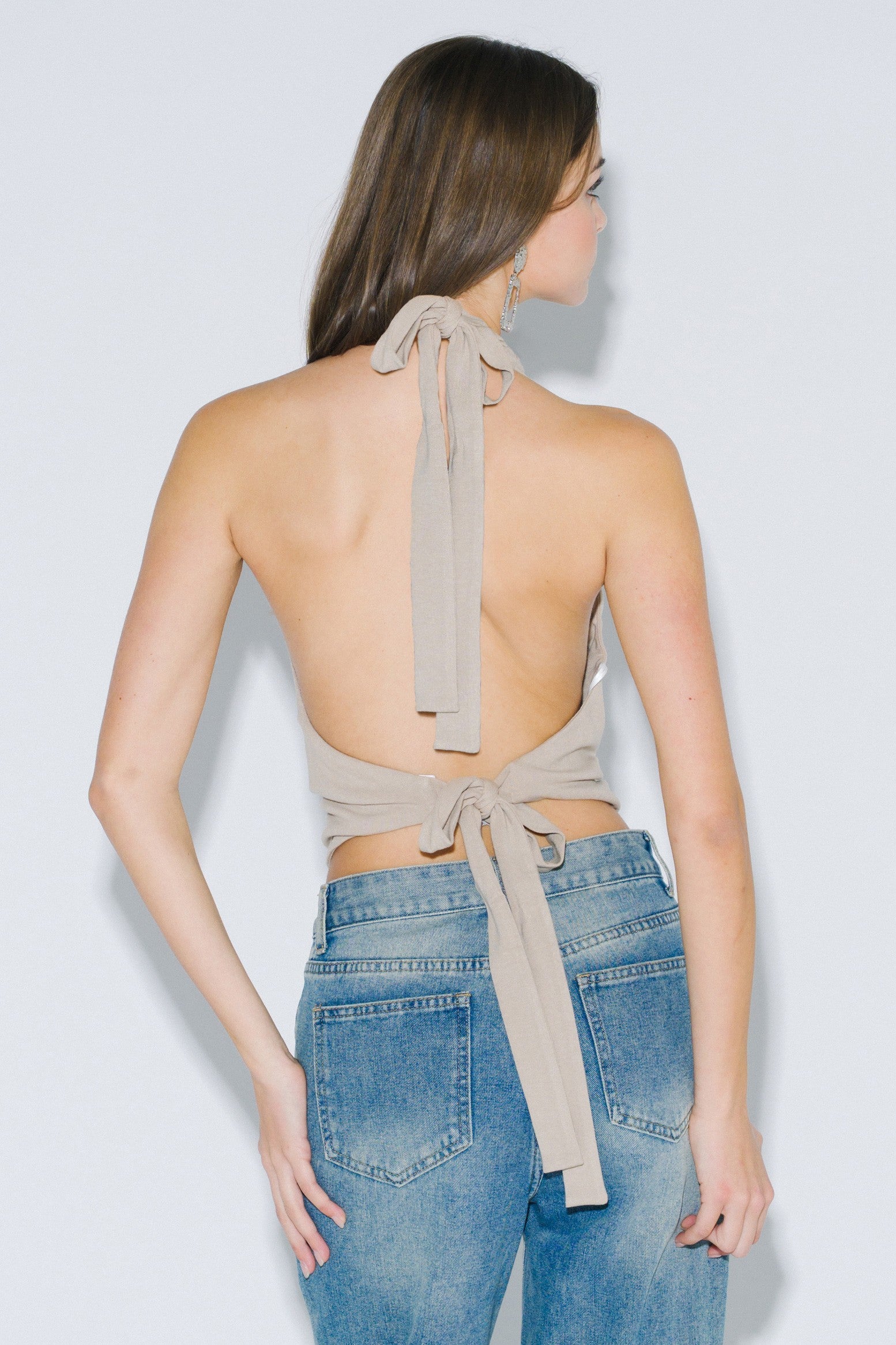 Alani taupe tie back studded halter top