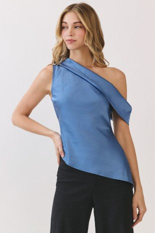 Margo denim blue asymmetric drape satin top
