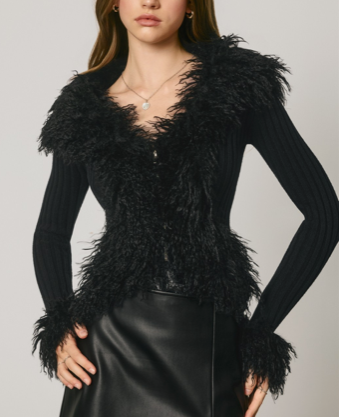 Vera Black Faux Feather Zip Up Cardigan